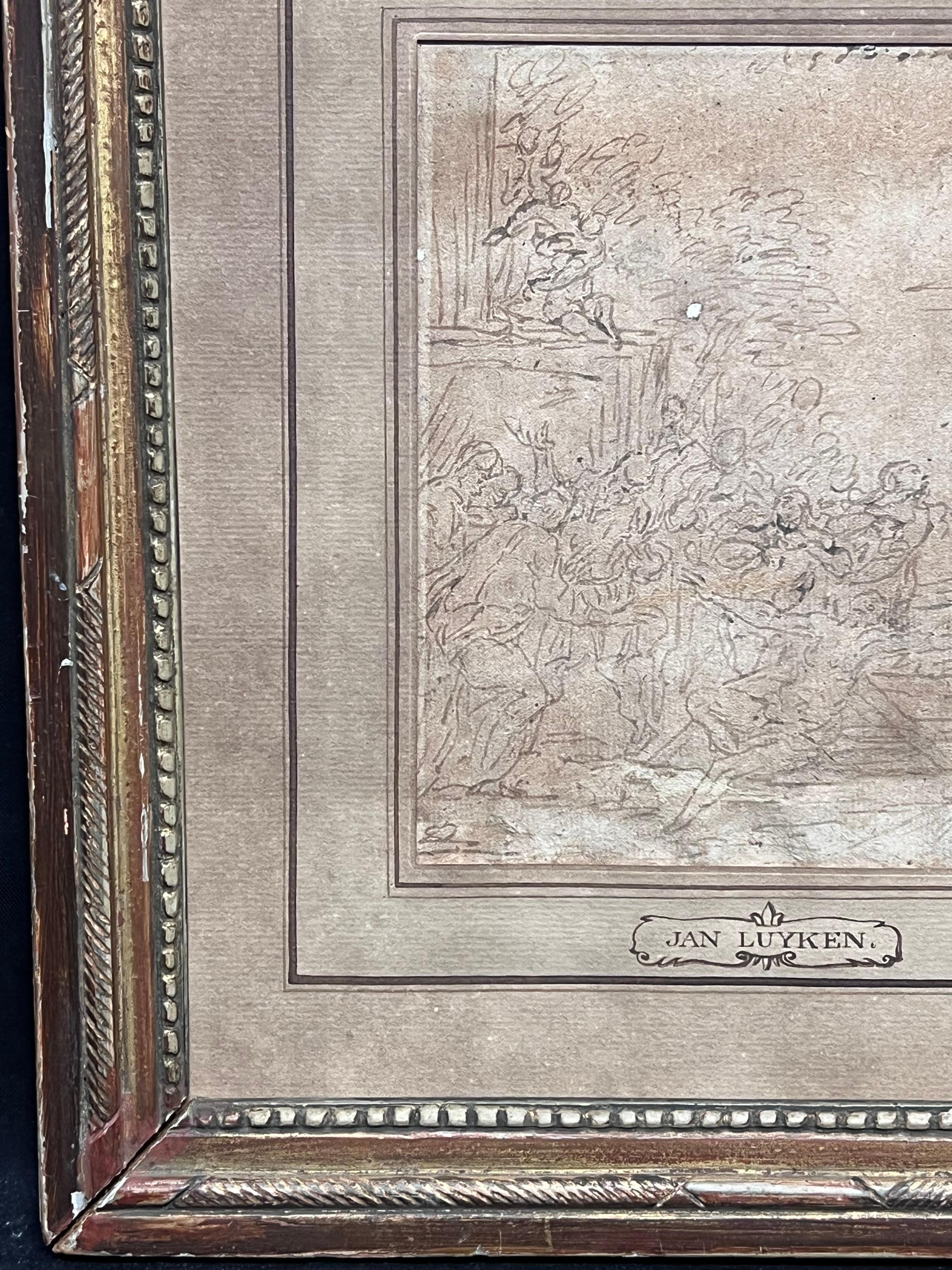 Antico maestro olandese del XVII secolo che disegna ad inchiostro Cristo sulla croce con molte figure 1674 - Art Antichi maestri di Jan Luyken (1649–1712)