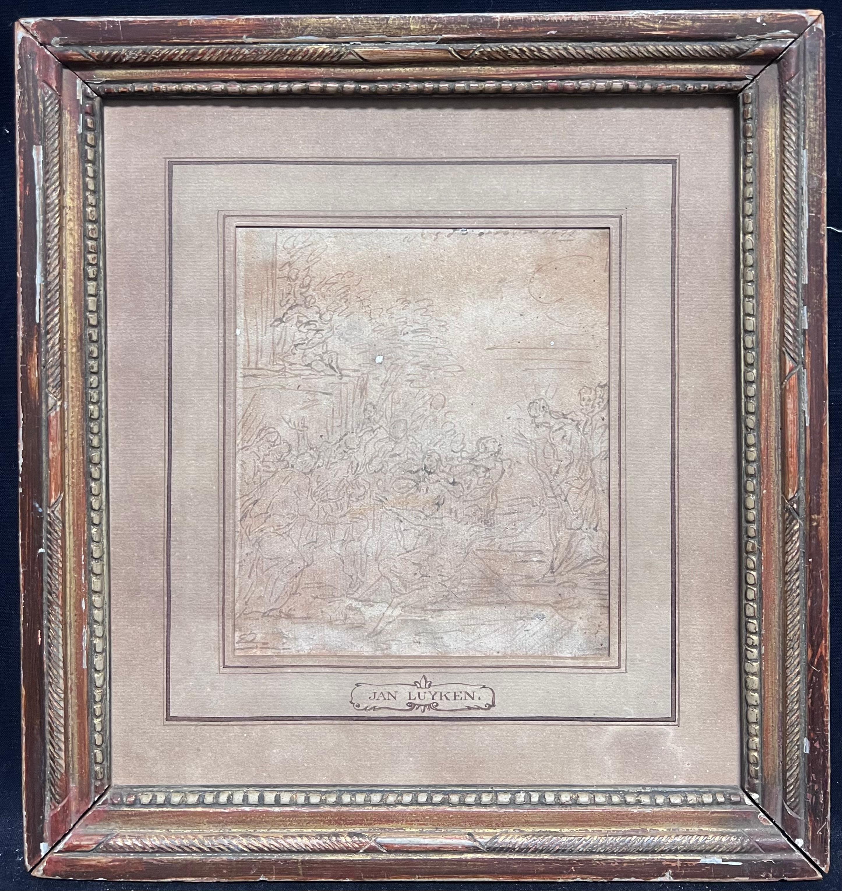 17th Century Dutch Old Master Ink Drawing Christ on the Cross Many Figures 1674