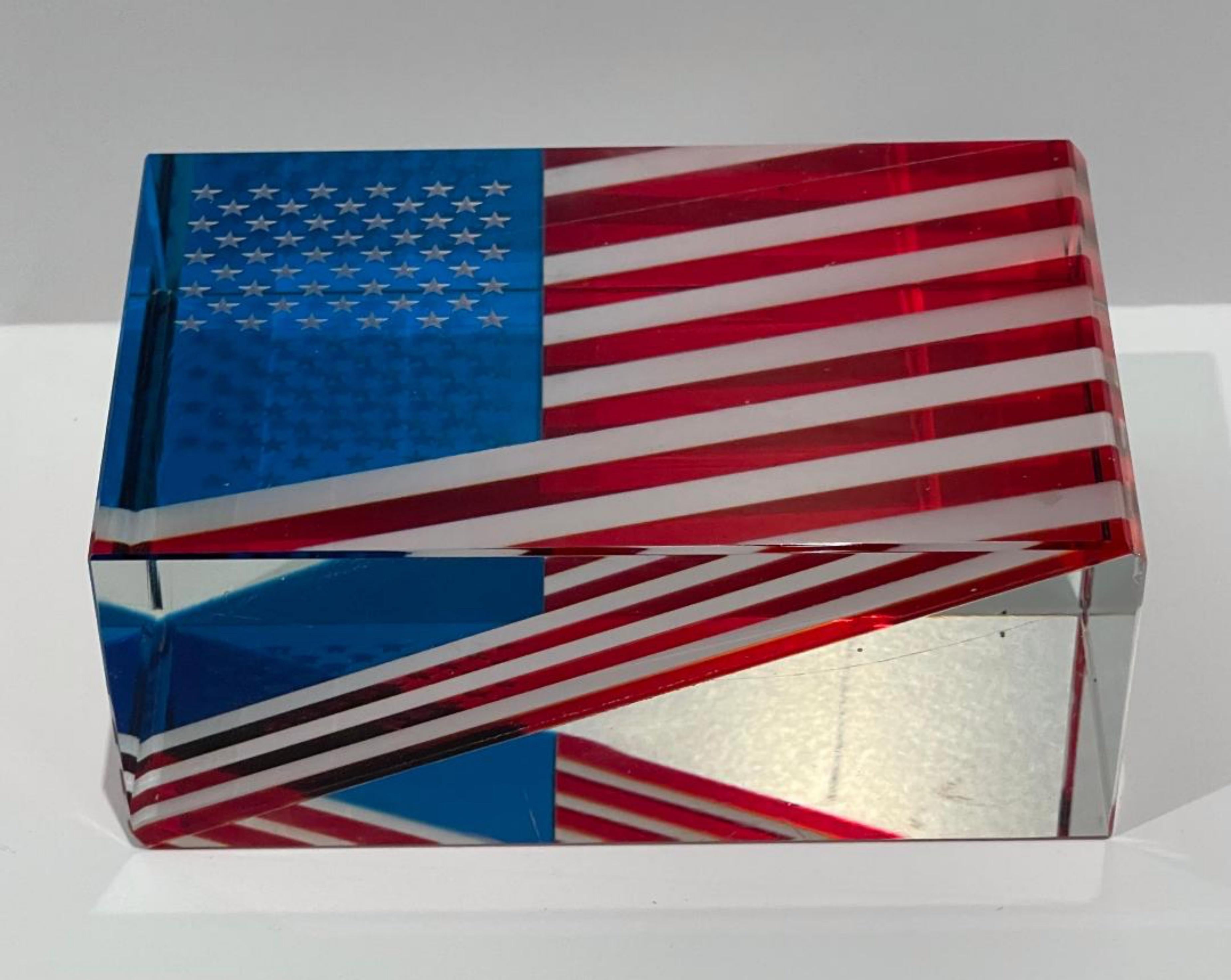 Signed, 3-D American Flag Sculpture of cut, polished and etched glass, Unique - Gray Abstract Sculpture by Jan Mares