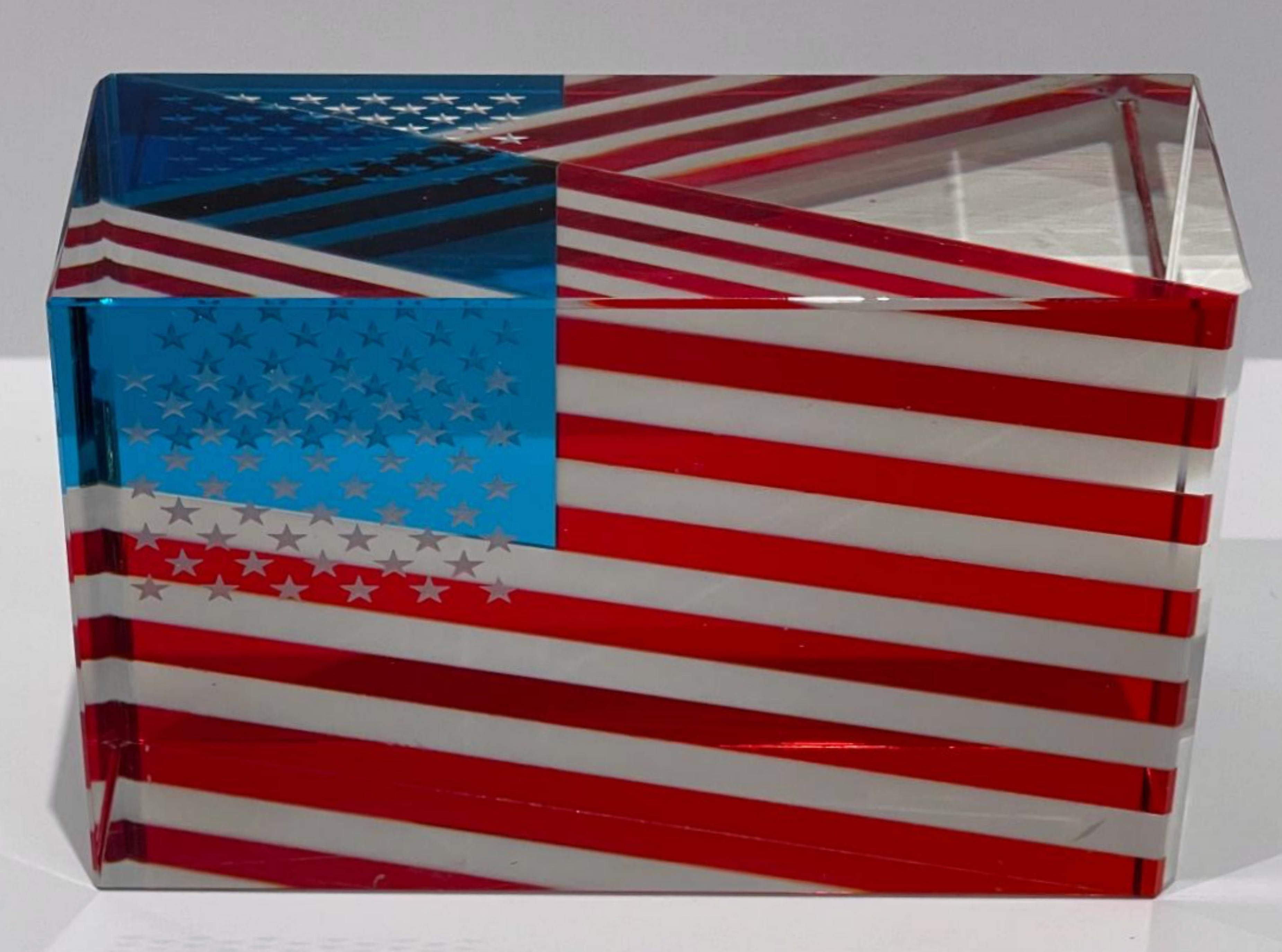 Signed, 3-D American Flag Sculpture of cut, polished and etched glass, Unique For Sale 1
