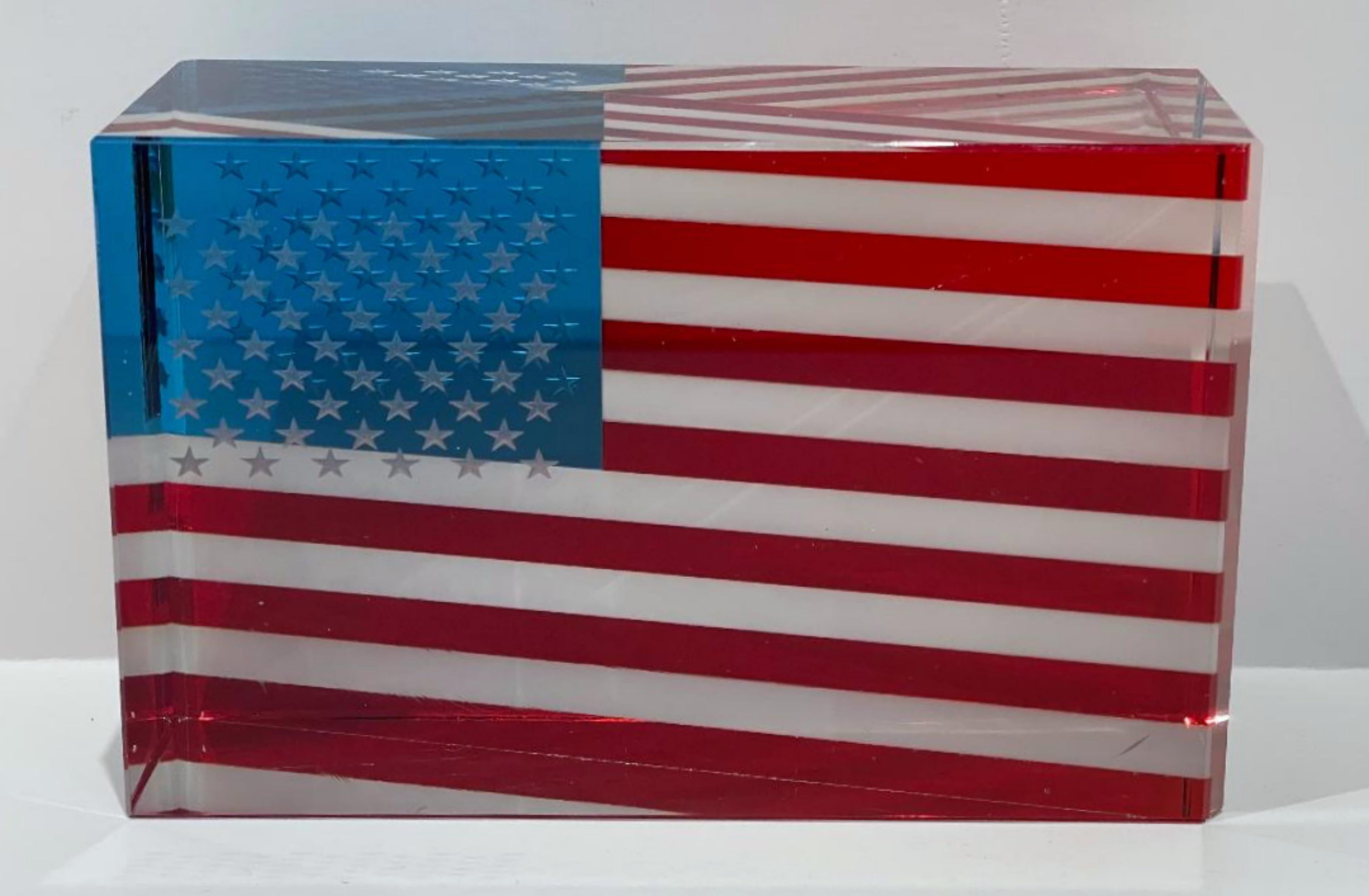 Signed, 3-D American Flag Sculpture of cut, polished and etched glass, Unique For Sale 3