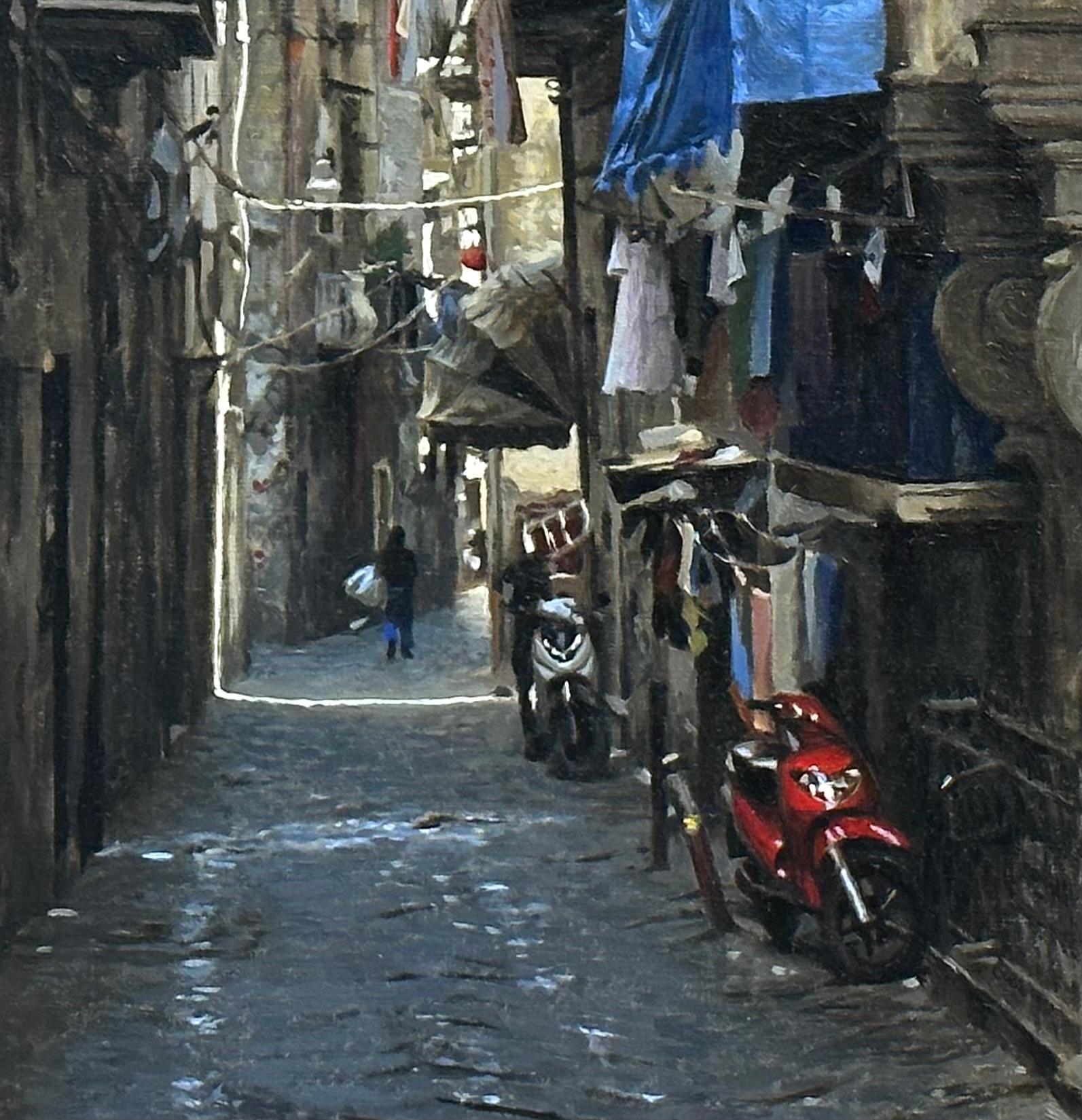 Napels, scooter rosso- Quadro di paesaggio urbano del XXI secolo della città italiana di Napels - Figurative Painting Nero di Jan Maris