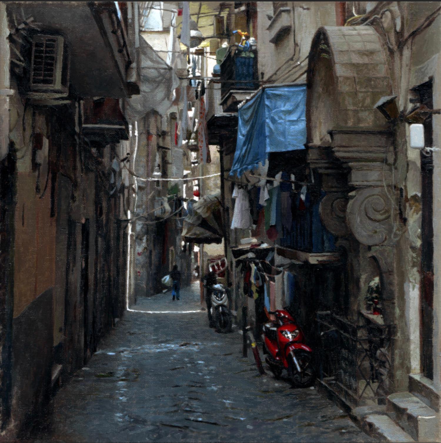Figurative Painting di Jan Maris - Napels, scooter rosso- Quadro di paesaggio urbano del XXI secolo della città italiana di Napels
