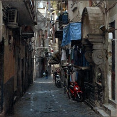 Napels, red scooter - Peinture de paysage urbain italien du 21e siècle