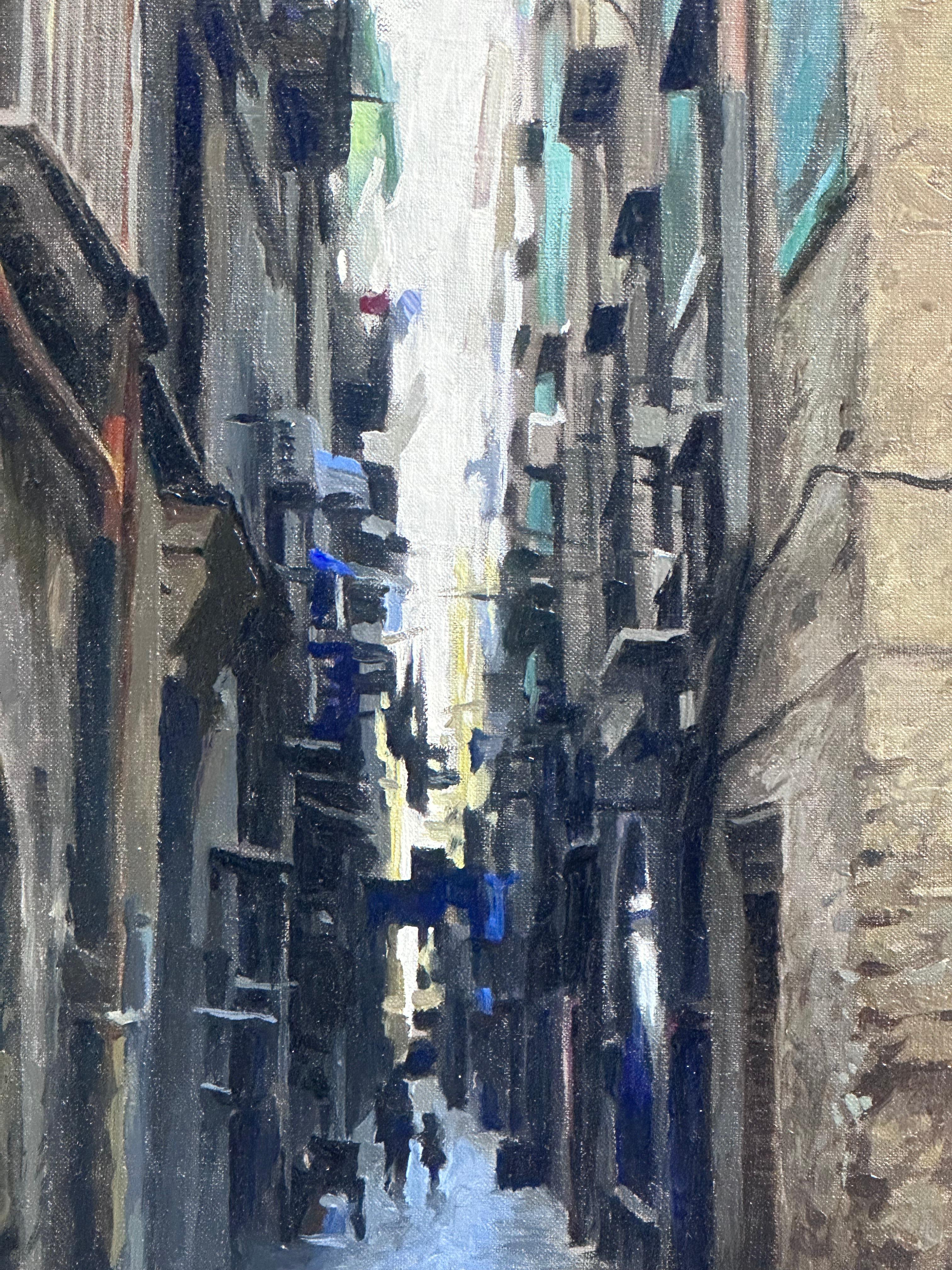 Small street with scooter-21st Century Contemporary painting of an Italian City For Sale 1