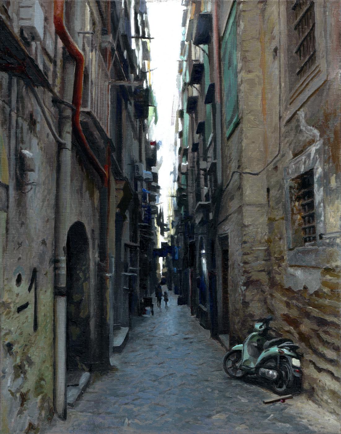 Petite rue avec scooter-21ème siècle Peinture contemporaine d'une ville italienne