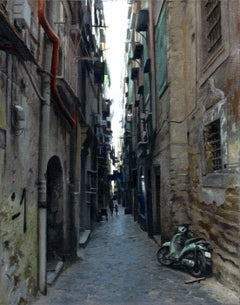 Kleine Straße mit Motorroller - 21. Jahrhundert Zeitgenössisches Gemälde einer italienischen Stadt