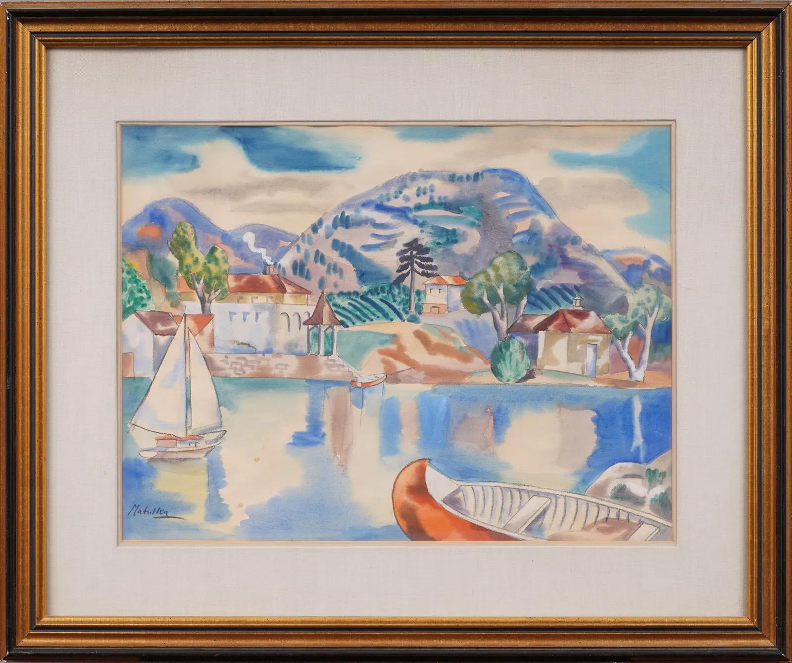 Antiguo paisaje marino costero modernista Cuadro fauvista grande enmarcado y firmado - Painting de Jan Matulka