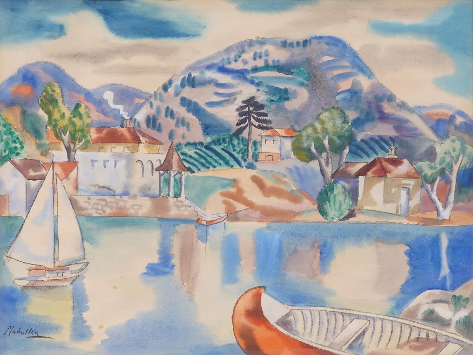 Antiguo paisaje marino costero modernista Cuadro fauvista grande enmarcado y firmado - Landscape Painting Gris de Jan Matulka