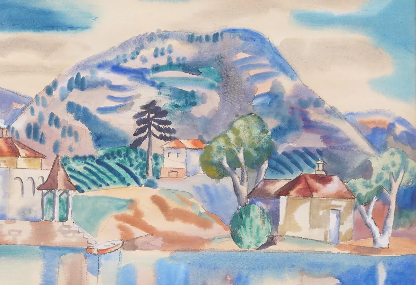 Antiguo paisaje modernista pintado por Jan Matulka (1890 - 1972). Acuarela sobre papel. Firmado. Enmarcado. Mide 24 por 28 pulgadas en total y 15,5 por 19,5 pintando solo. 