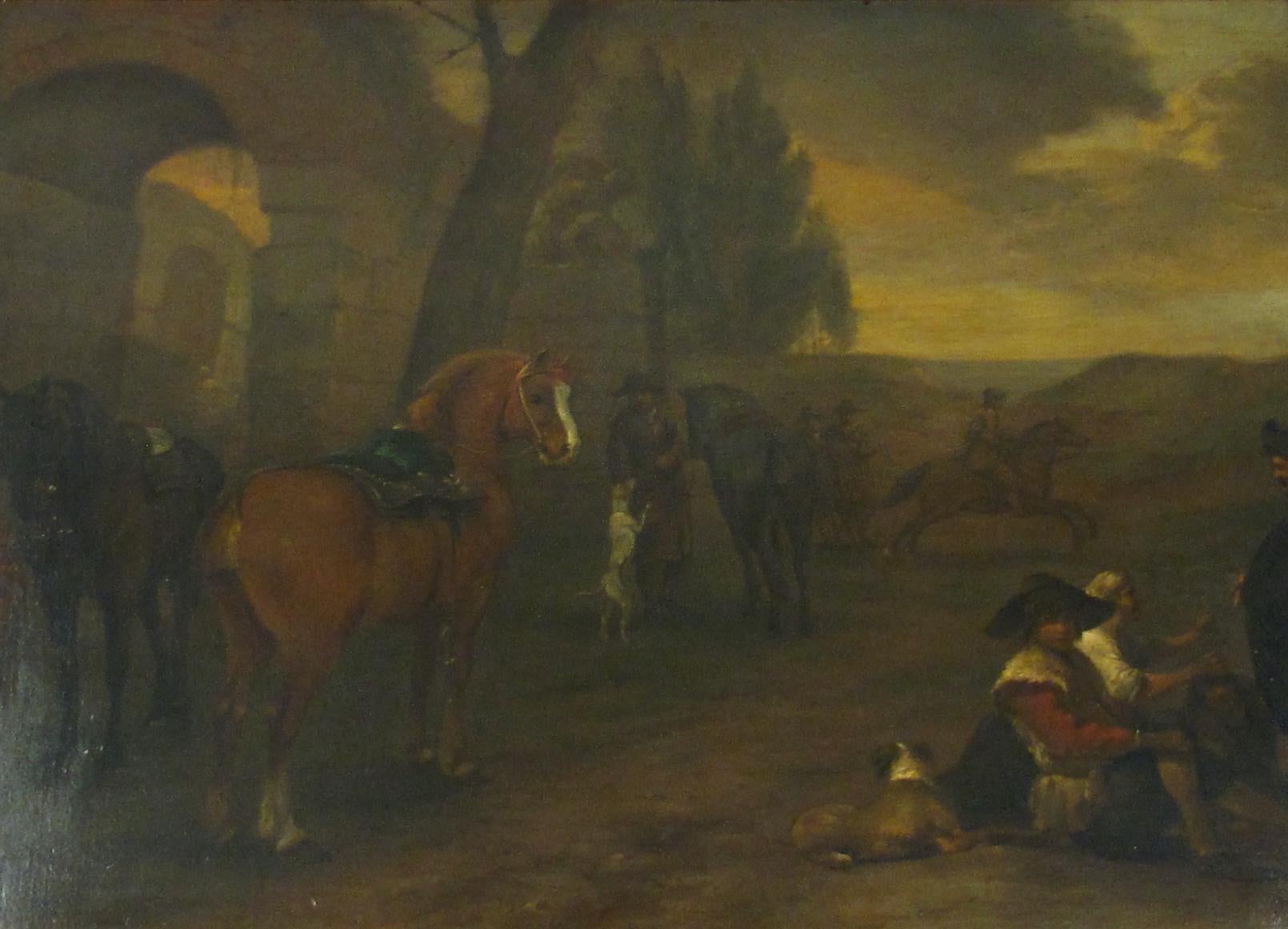 Attributed/Close circle:

Jan Miel
(Flemish, 1599- 1663)

A Hunting Party resting by Ruins

•	Oil on canvas, relined, ca. 52 x 70 cm
•	Later Frame, ca. 70 x 87 cm
•	Unsigned

Worldwide shipping is complimentary - There are no additional charges for