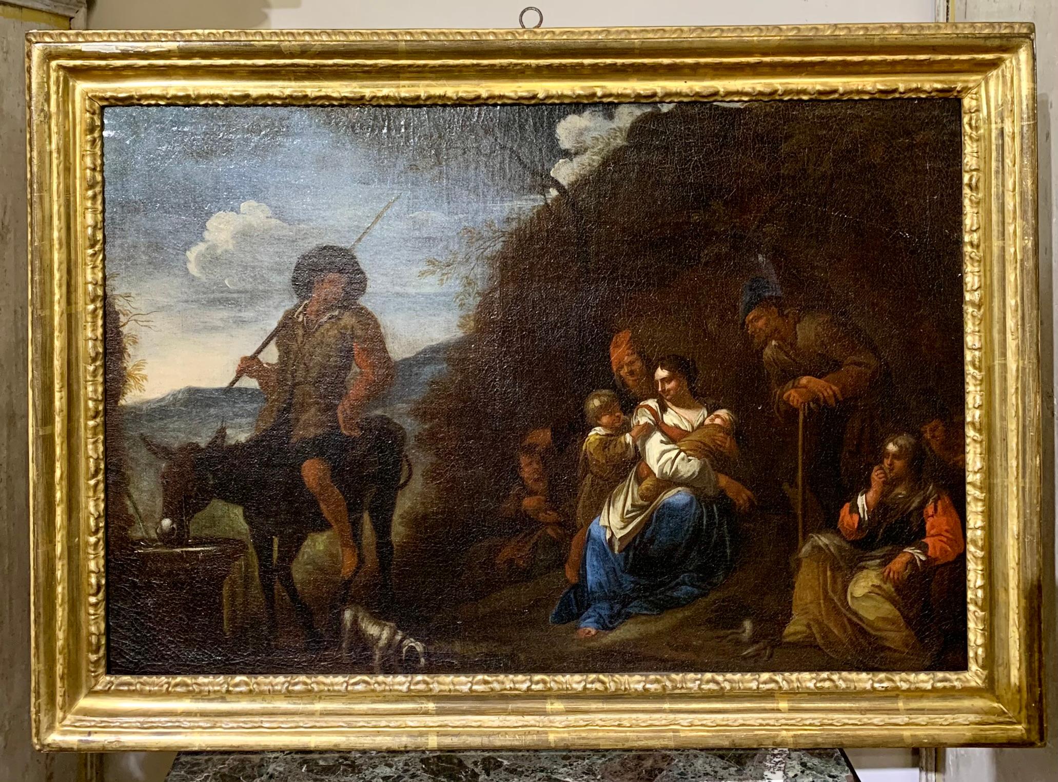 Rural scene with female figures, children and wayfarer attributed to the painter Jan Miel, known as Giovannino delle Vite (Beveren-Waas, 1599 - Turin, 1663). Oil on canvas in a carved and gilded wooden frame