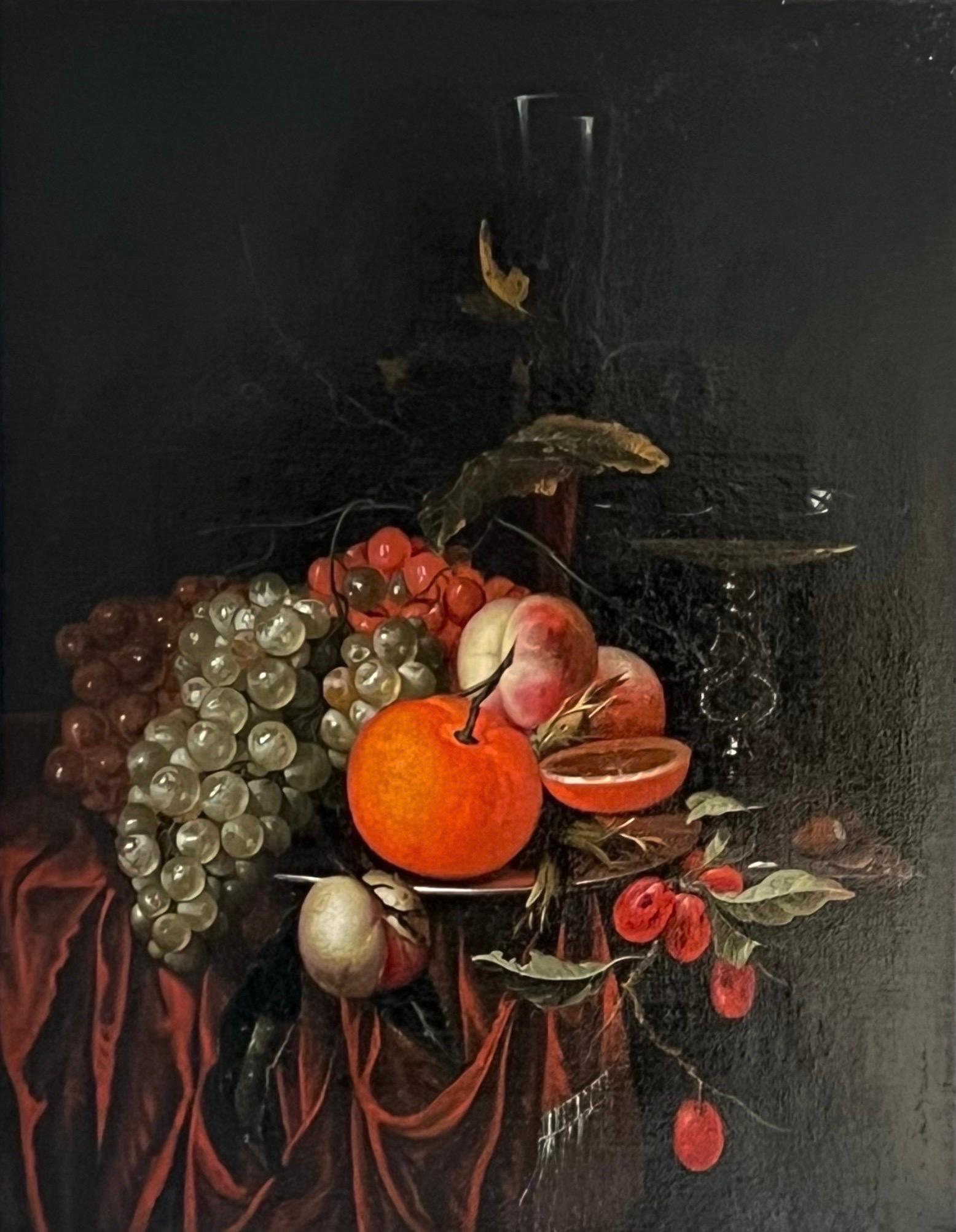 Jan Mortel (attr.) - Niederländisches Stilleben mit Obst, Wein und venezianischem Glas im Angebot 5