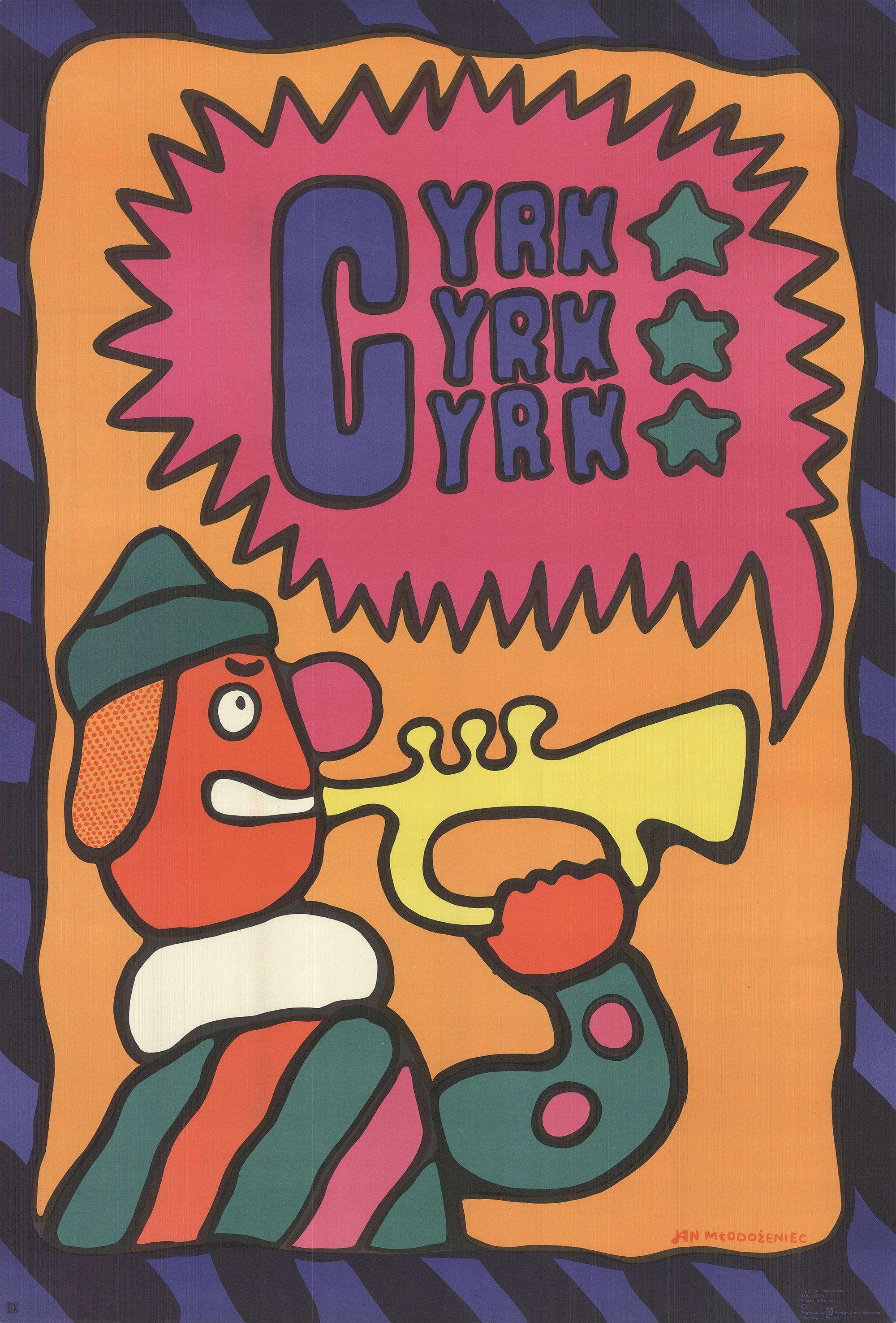 The "Cyrk" (Circus) poster featuring a clown with a trumpet is a renowned work by Polish artist Jan M odo eniec, created in 1969. This poster is part of the celebrated Polish School of Posters, which emerged in the post-World War II era, blending