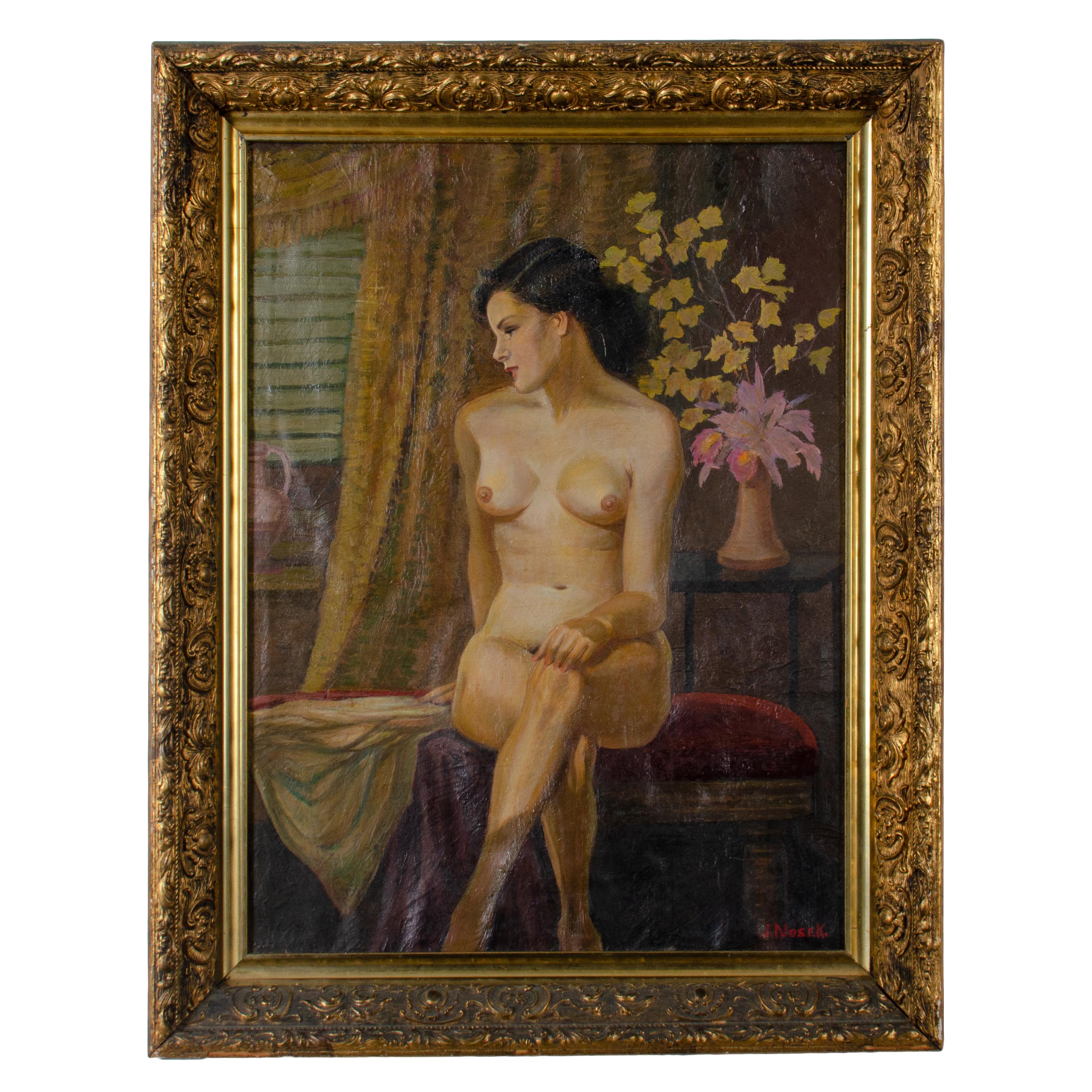 Jan Nosek
(American, 1876-1966)

Seated nude woman in an interior setting by artist and illustrator Jan Nosek.

Oil on canvas, mid 20th century
Signed lower right: J. Nosek

sight: 16 ¾ by 22 ½ inches
frame: 22 by 28 inches