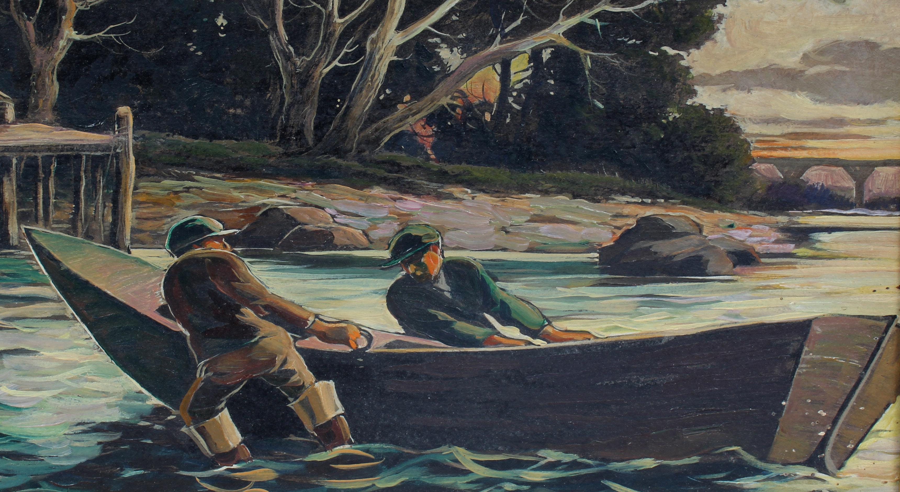 Original Antique American Landscape Fishing Delaware River Oil Painting Framed - Brown Landscape Painting by Jan Nosek