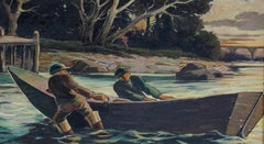 Original Antique American Landscape Fishing Delaware River Oil Painting Framed