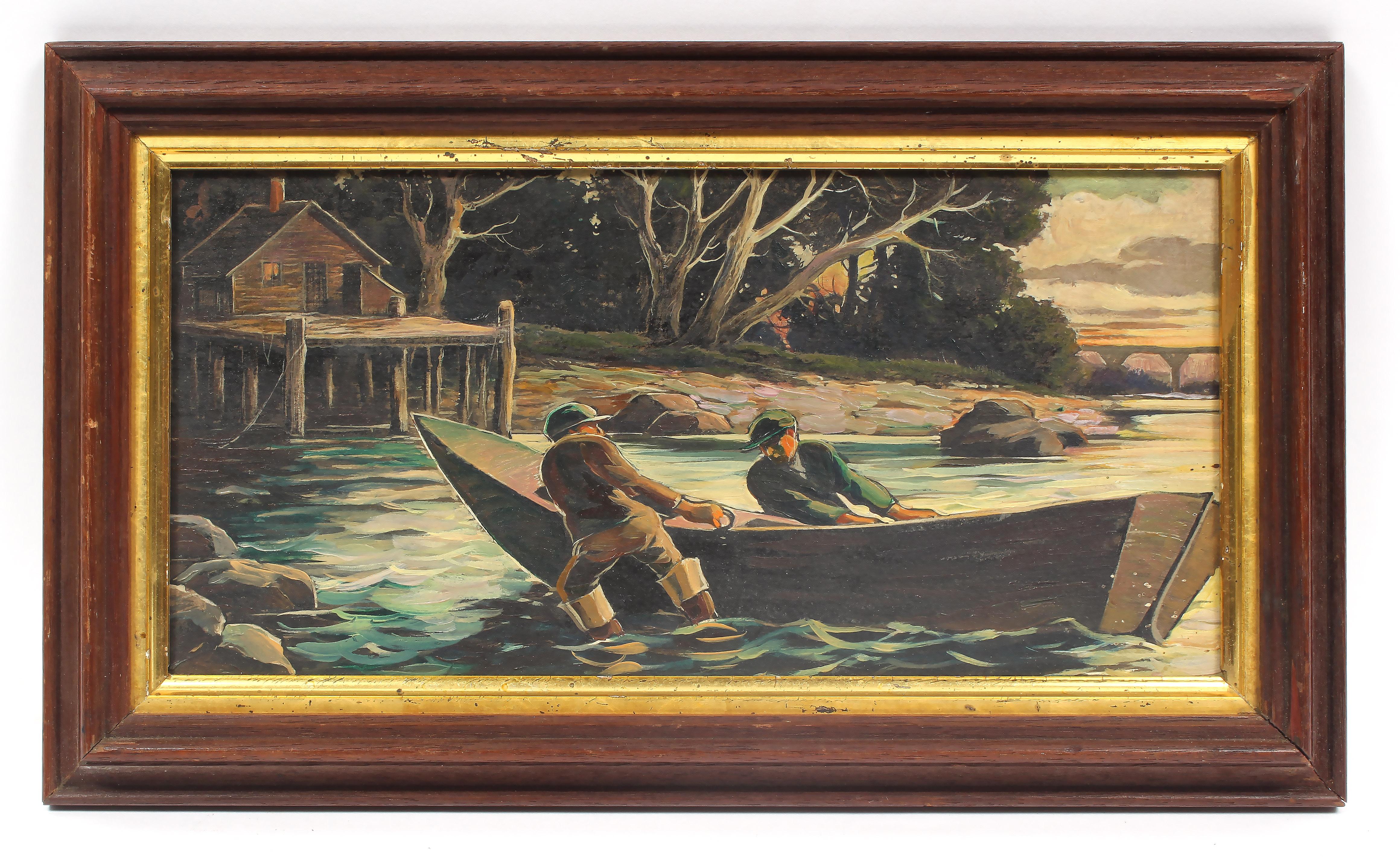 Jan Nosek Landscape Painting - Original Antique American Landscape Fishing Delaware River Oil Painting Framed