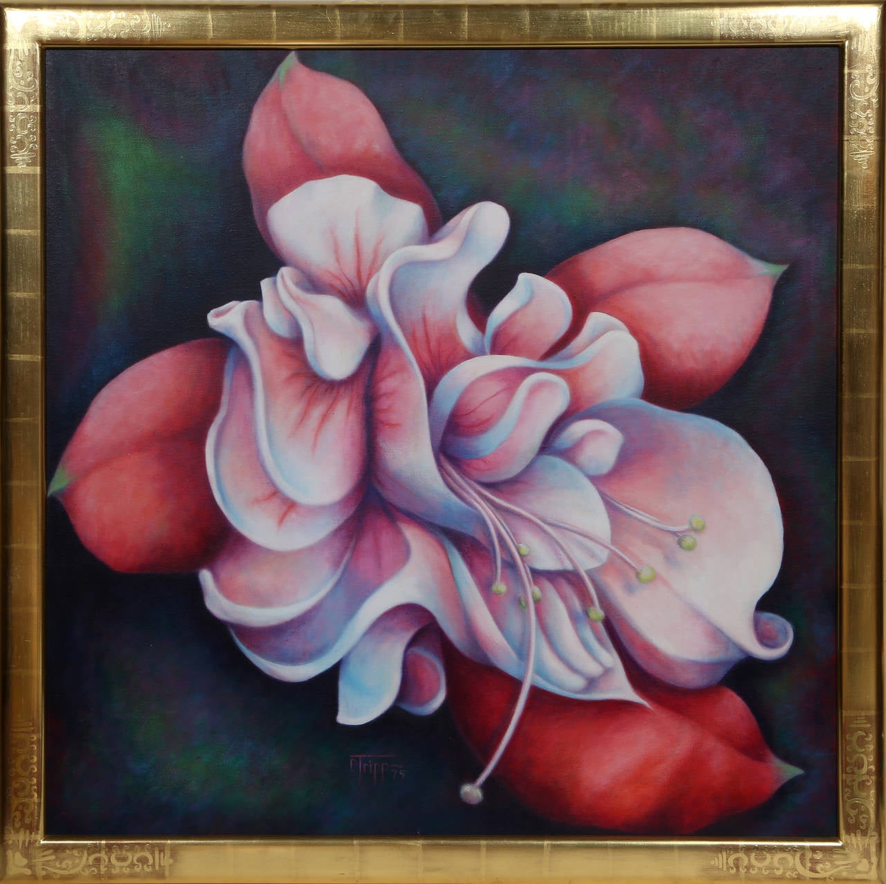 Fuschia, Großes surrealistisches Ölgemälde mit Blumen auf Leinwand von Peter Tripp