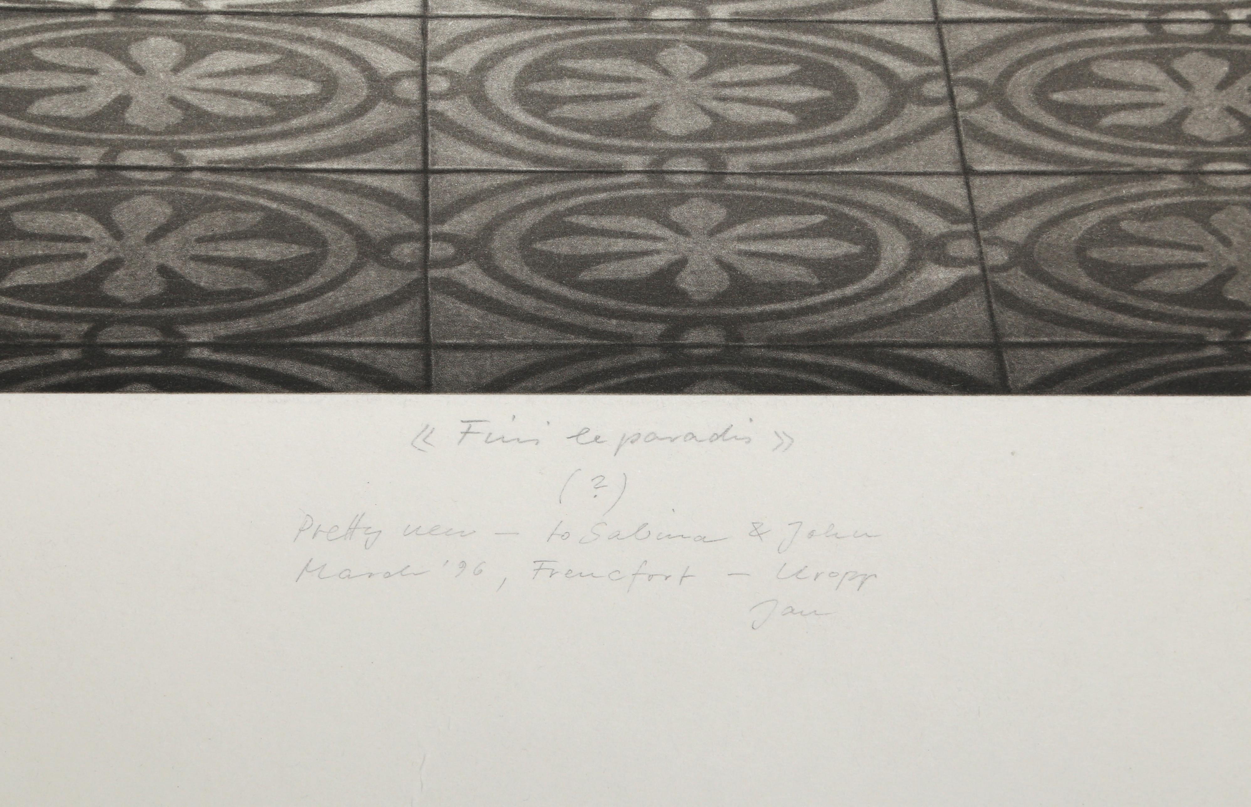 Finis le Paradis
Jan Peter Tripp
Allemand (1945)
Date : 1994
Eau-forte, signée, numérotée, datée et titrée au crayon
Edition du 6/66
Taille de l'image : 39 x 20 pouces
Taille : 49 x 27,5 in. (124,46 x 69,85 cm)