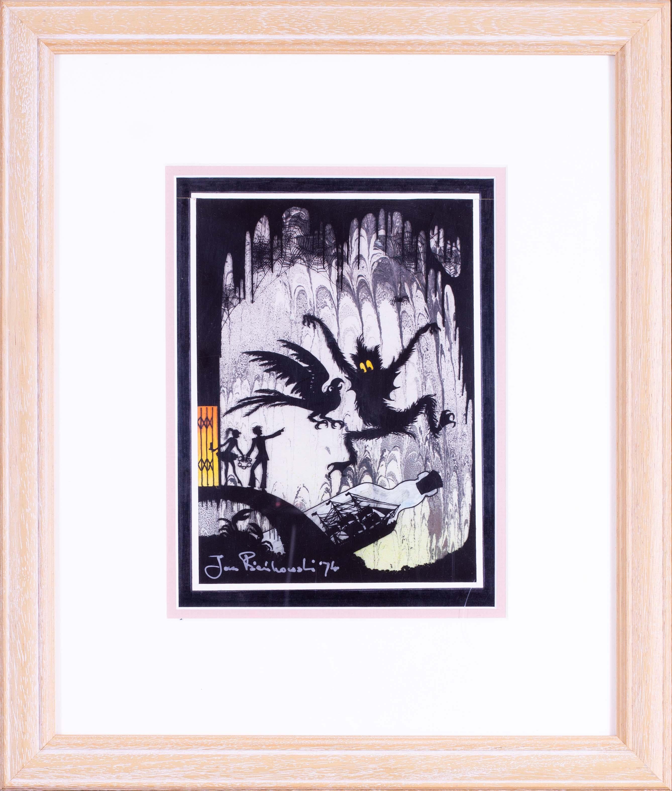 Jan Pienkowski (Polish / British, 1936 – 2022)
‘Winter Thing and The Mooncusser’s Daughter’
Mixed media
Signed and dated ‘Jan Pienkowski 74’ (lower left), further signed with initials on a dated label (11.11.74) (on the reverse)
9.1/8 x 6.3/4 in.