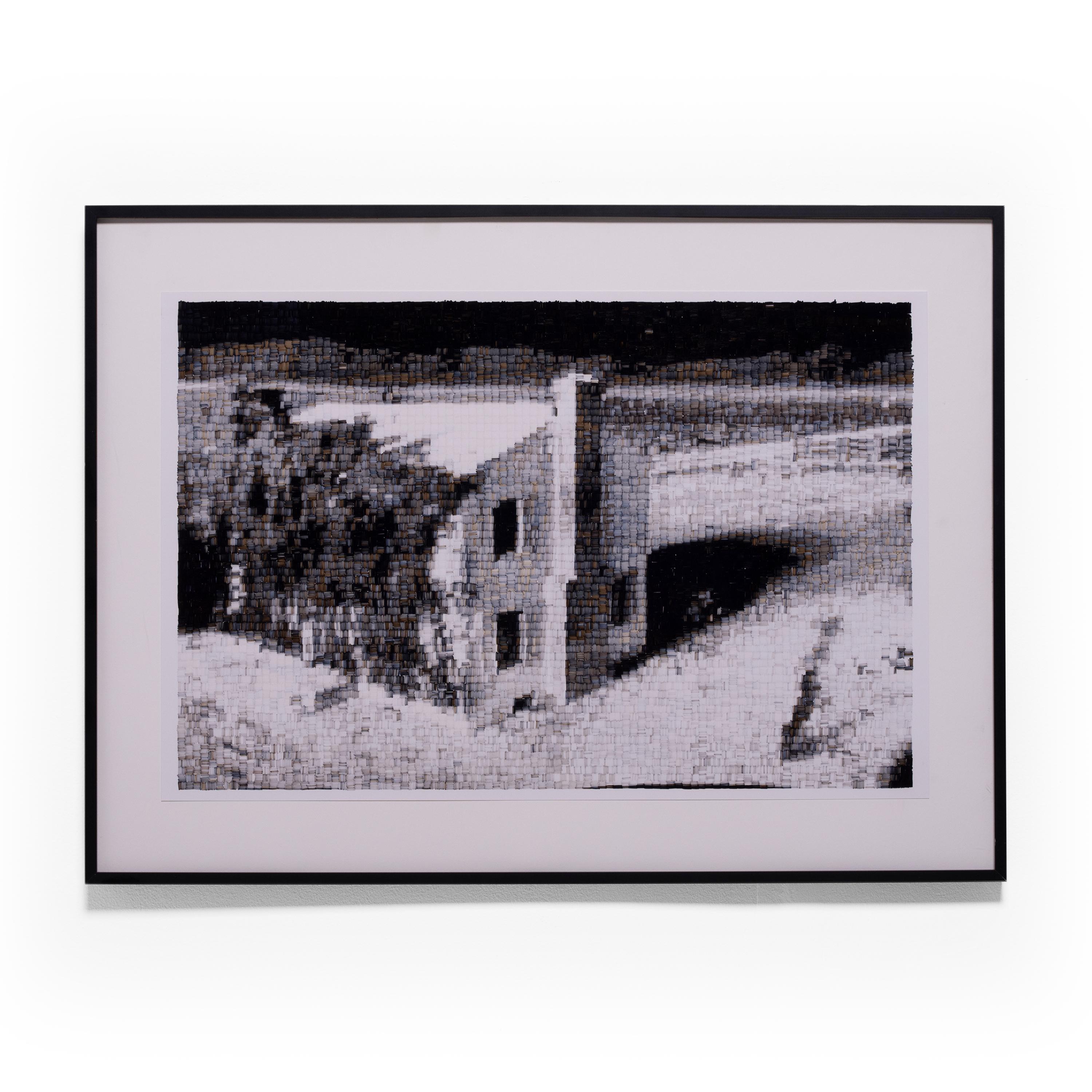 Operation Teapot: Apple 2 occurred in 1955 in Nevada to test the affects of nuclear weapons on small town America.  Here, Jan Pieter Fokkens has taken three photo frames of one home during this testing as a reference.  He then pixelates each image