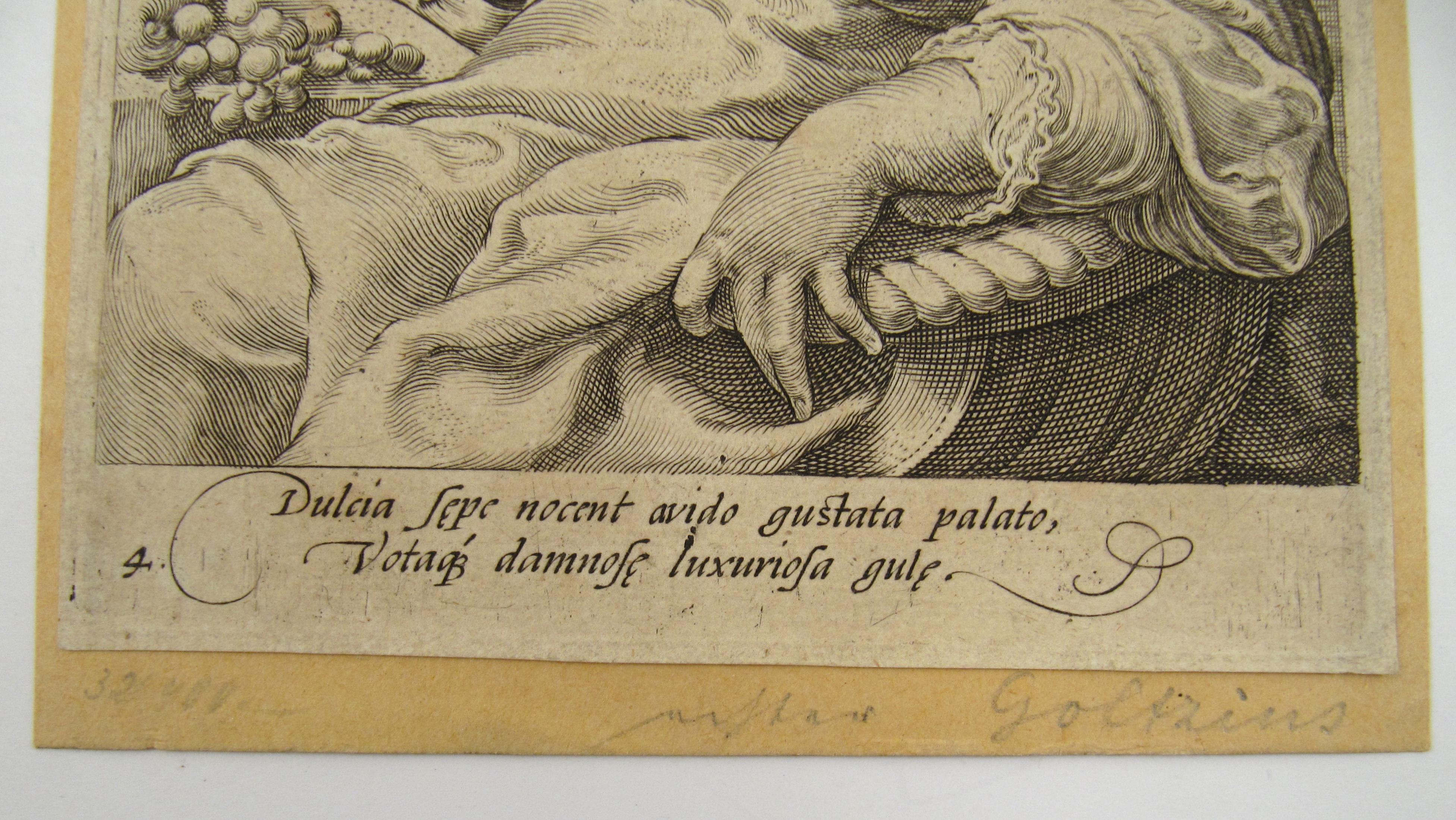 Jan P. Saenredam ( 1565-1607 ) - Taste , The Five Senses - 16. Jahrhundert Niederländische Gravur (Braun), Figurative Print, von Jan Pieterszoon SAENREDAM