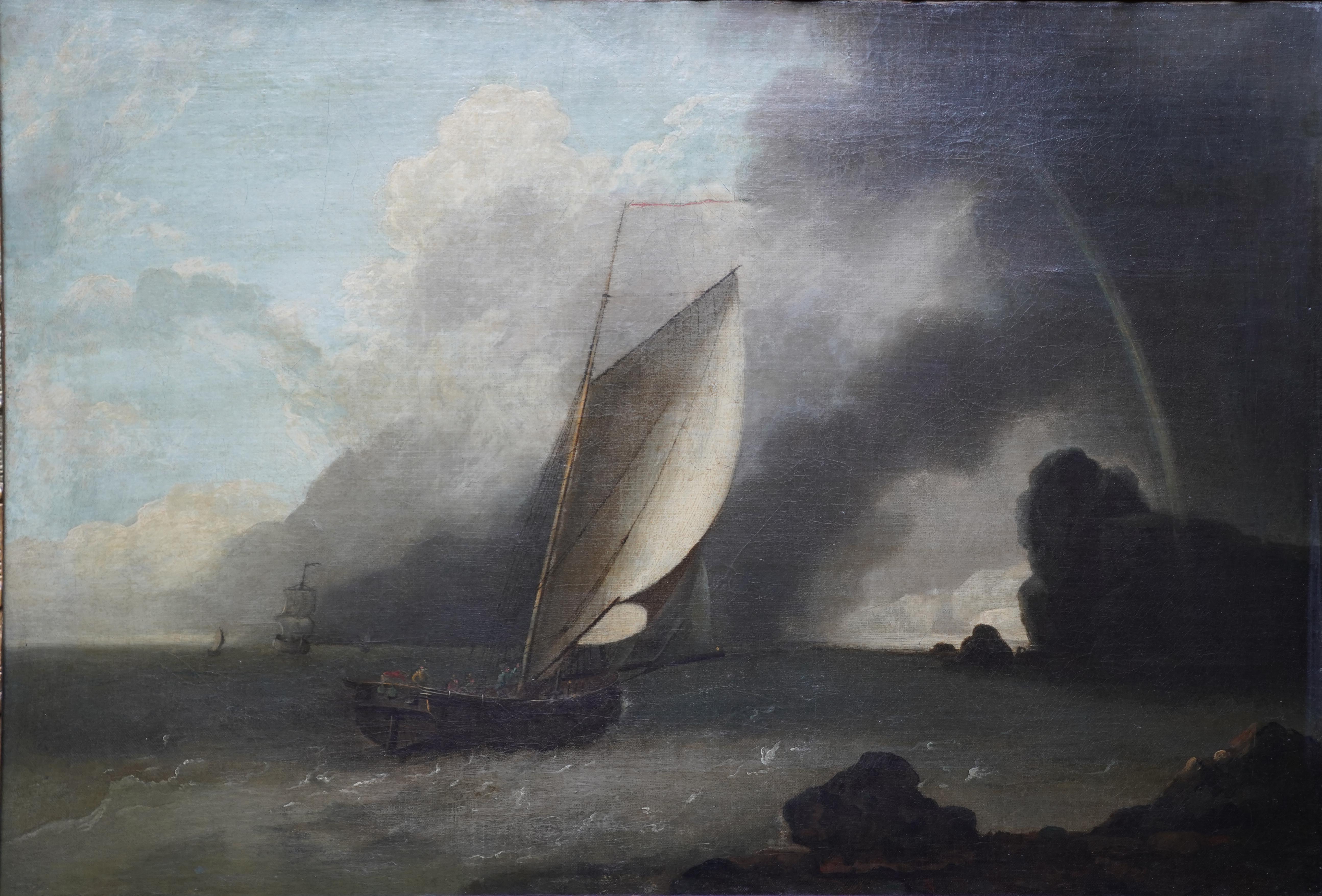 A Shipping Scene in Stormy Weather - Dutch 17th century art marine oil painting - Painting by Jan Porcellis (att)