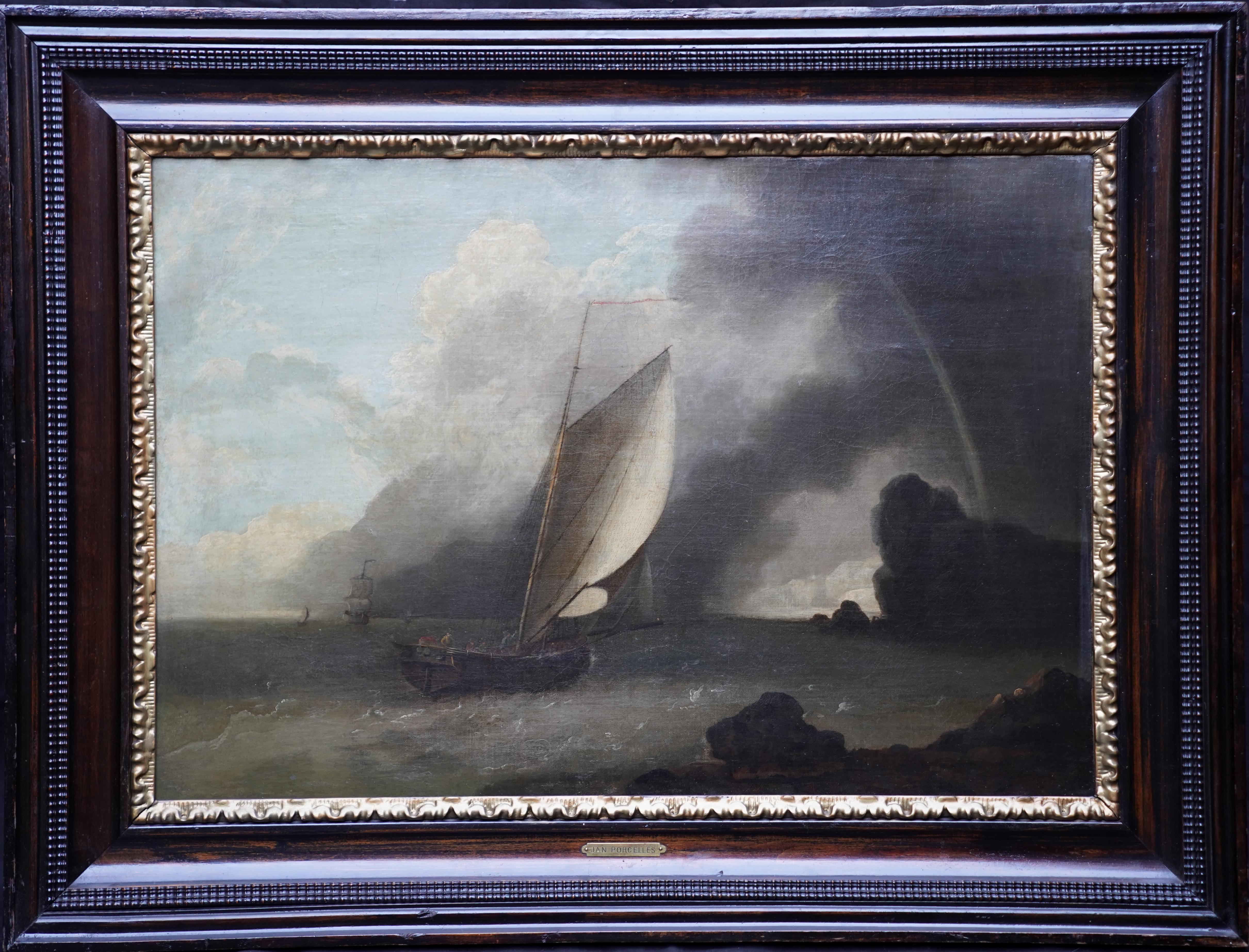 Jan Porcellis (att) Landscape Painting - A Shipping Scene in Stormy Weather - Dutch 17th century art marine oil painting