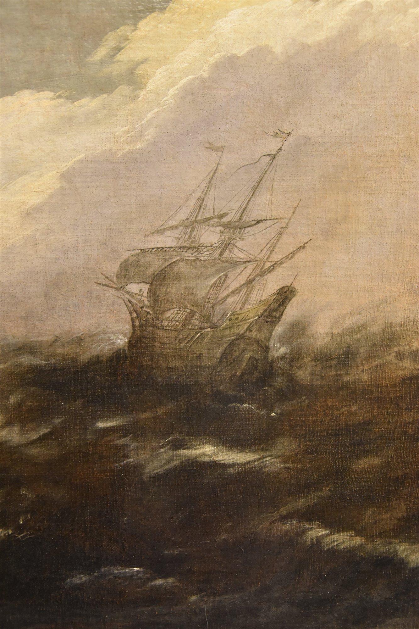 Stormy Seascape Ships Porcellis 17th Century Paint Oil on canvas Old master For Sale 5