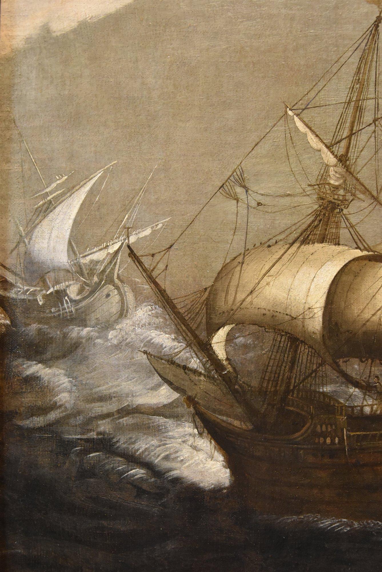 Stormy Seascape Ships Porcellis 17th Century Paint Oil on canvas Old master For Sale 6