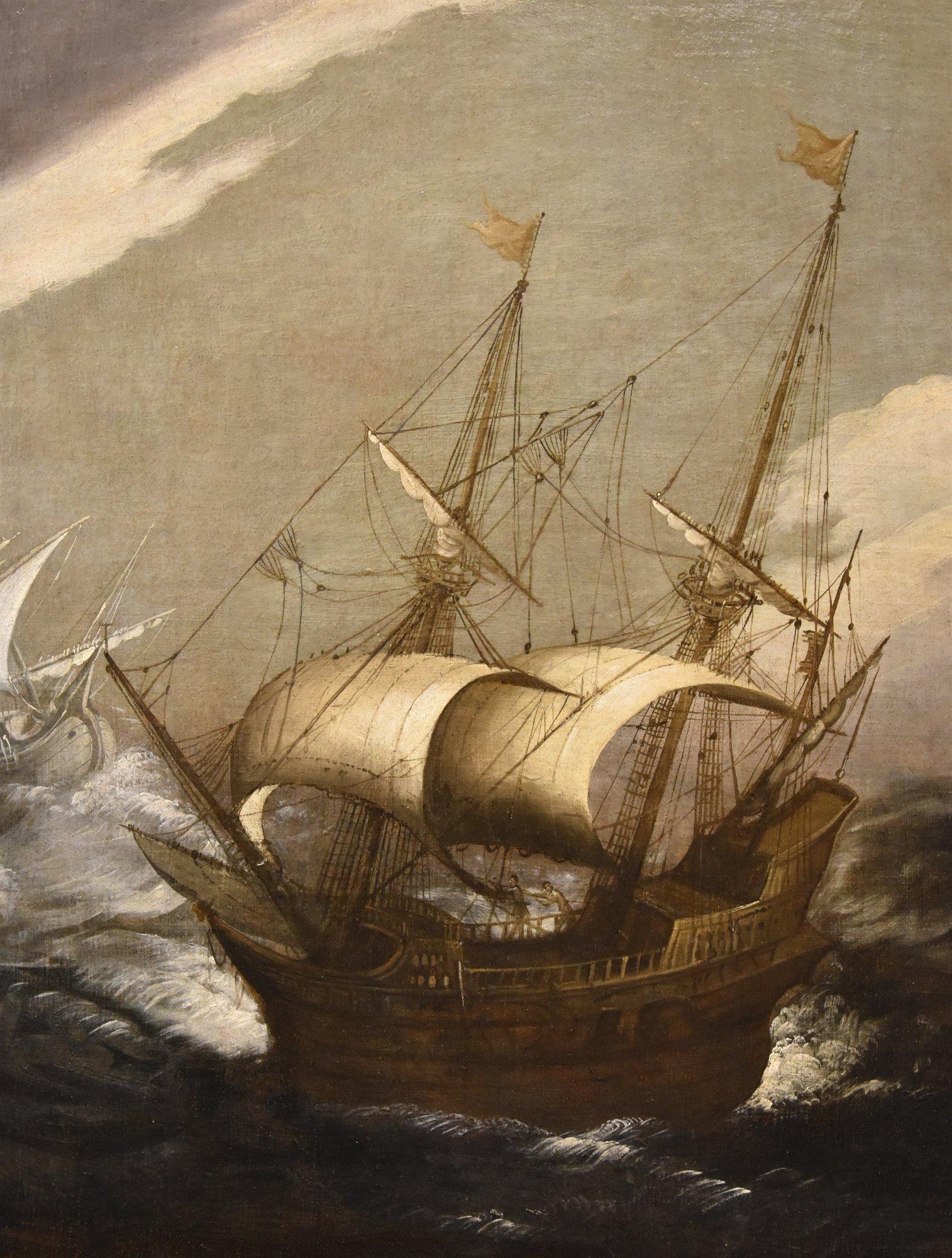 Stormy Seascape Ships Porcellis 17th Century Paint Oil on canvas Old master For Sale 7