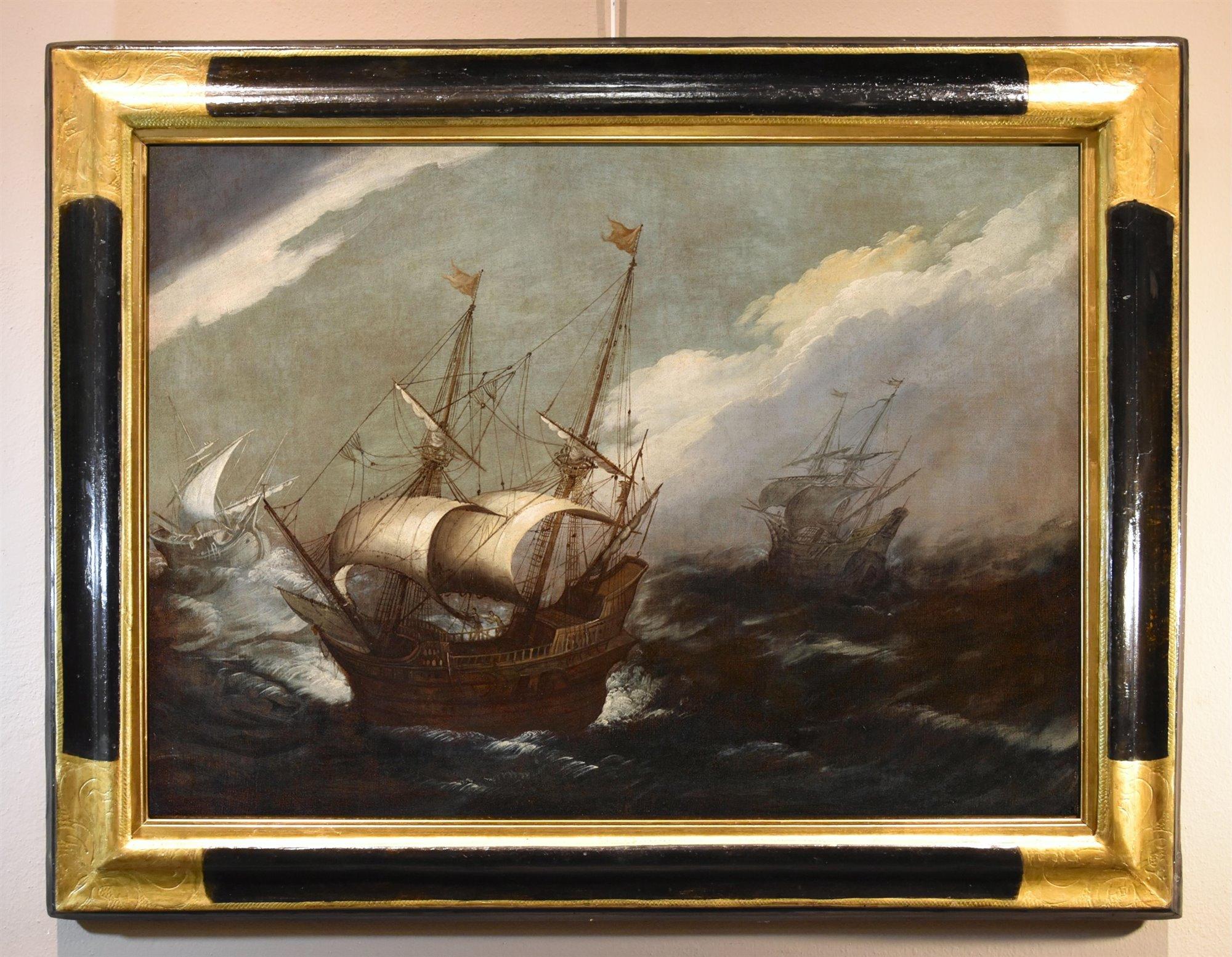 Stormy Seascape Ships Porcellis 17th Century Paint Oil on canvas Old master - Painting by Jan Porcellis (Ghent 1584 c. - Zoeterwoude-Dorp 1632) 