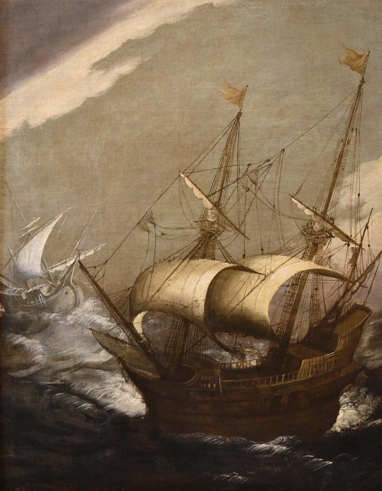 Stormy Seascape Ships Porcellis 17th Century Paint Oil on canvas Old master - Old Masters Painting by Jan Porcellis (Ghent 1584 c. - Zoeterwoude-Dorp 1632) 