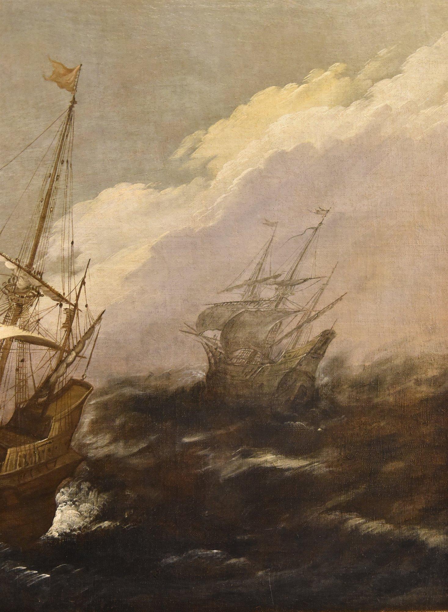 Stormy Seascape Ships Porcellis 17th Century Paint Oil on canvas Old master - Brown Landscape Painting by Jan Porcellis (Ghent 1584 c. - Zoeterwoude-Dorp 1632) 