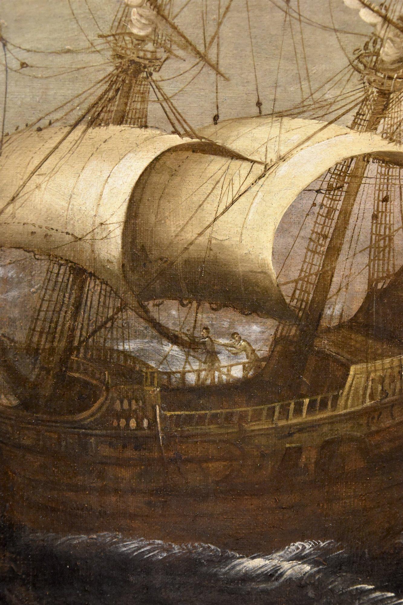 Stormy Seascape Ships Porcellis 17th Century Paint Oil on canvas Old master For Sale 1