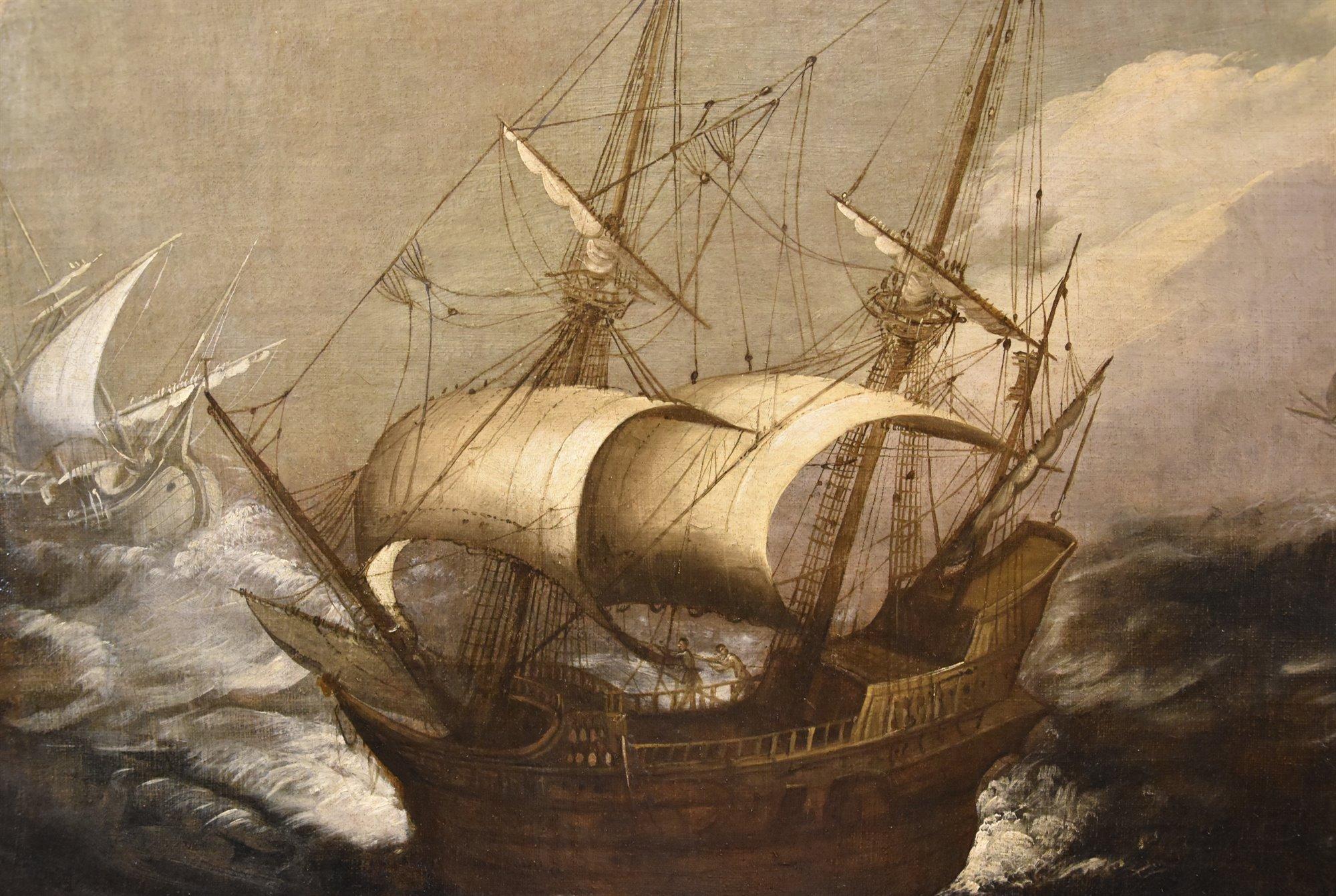 Stormy Seascape Ships Porcellis 17th Century Paint Oil on canvas Old master For Sale 2
