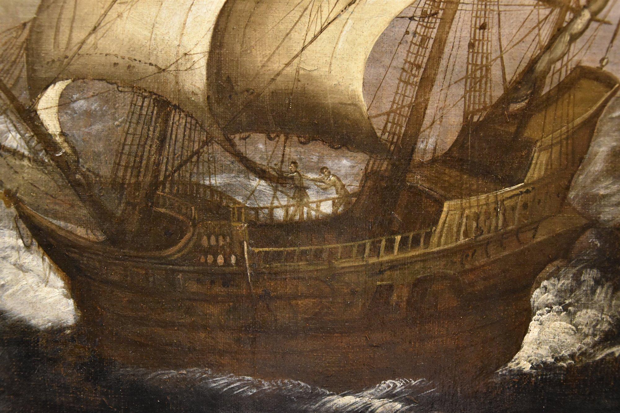 Stormy Seascape Ships Porcellis 17th Century Paint Oil on canvas Old master For Sale 3