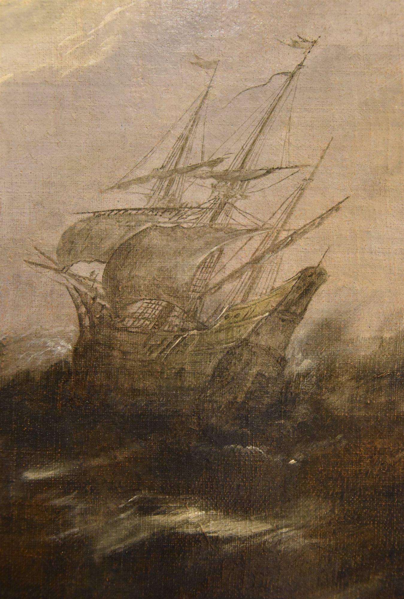 Stormy Seascape Ships Porcellis 17th Century Paint Oil on canvas Old master For Sale 4