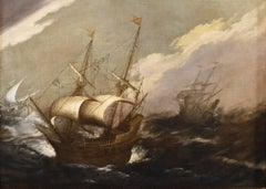 Antique Stormy Seascape Ships Porcellis 17th Century Paint Oil on canvas Old master