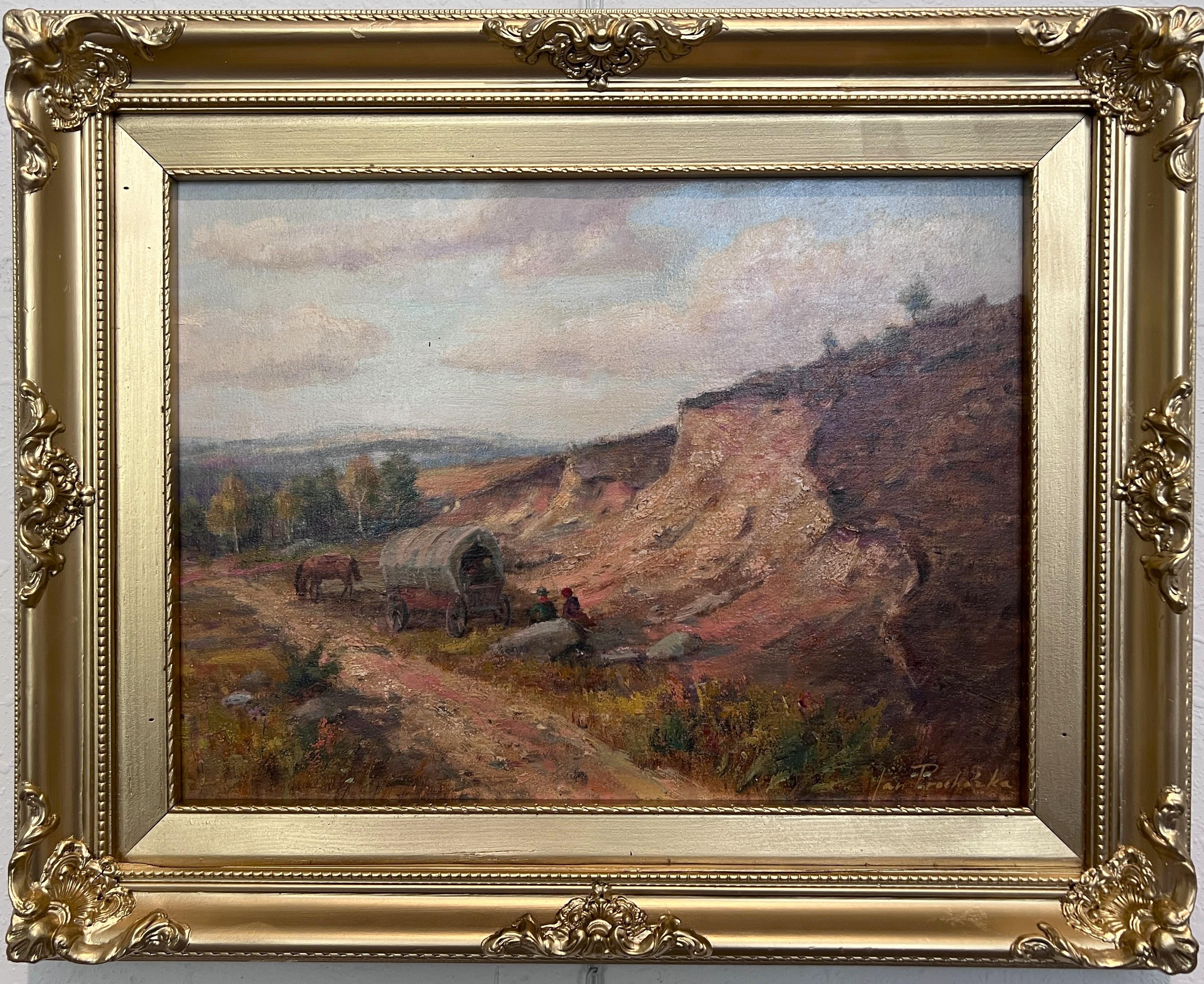 This original vintage oil painting depicts a quiet rural landscape with rolling terrain, earthy paths, and distant horizons rendered in soft, natural tones. The composition emphasizes atmosphere and depth, with subtle transitions of light across the