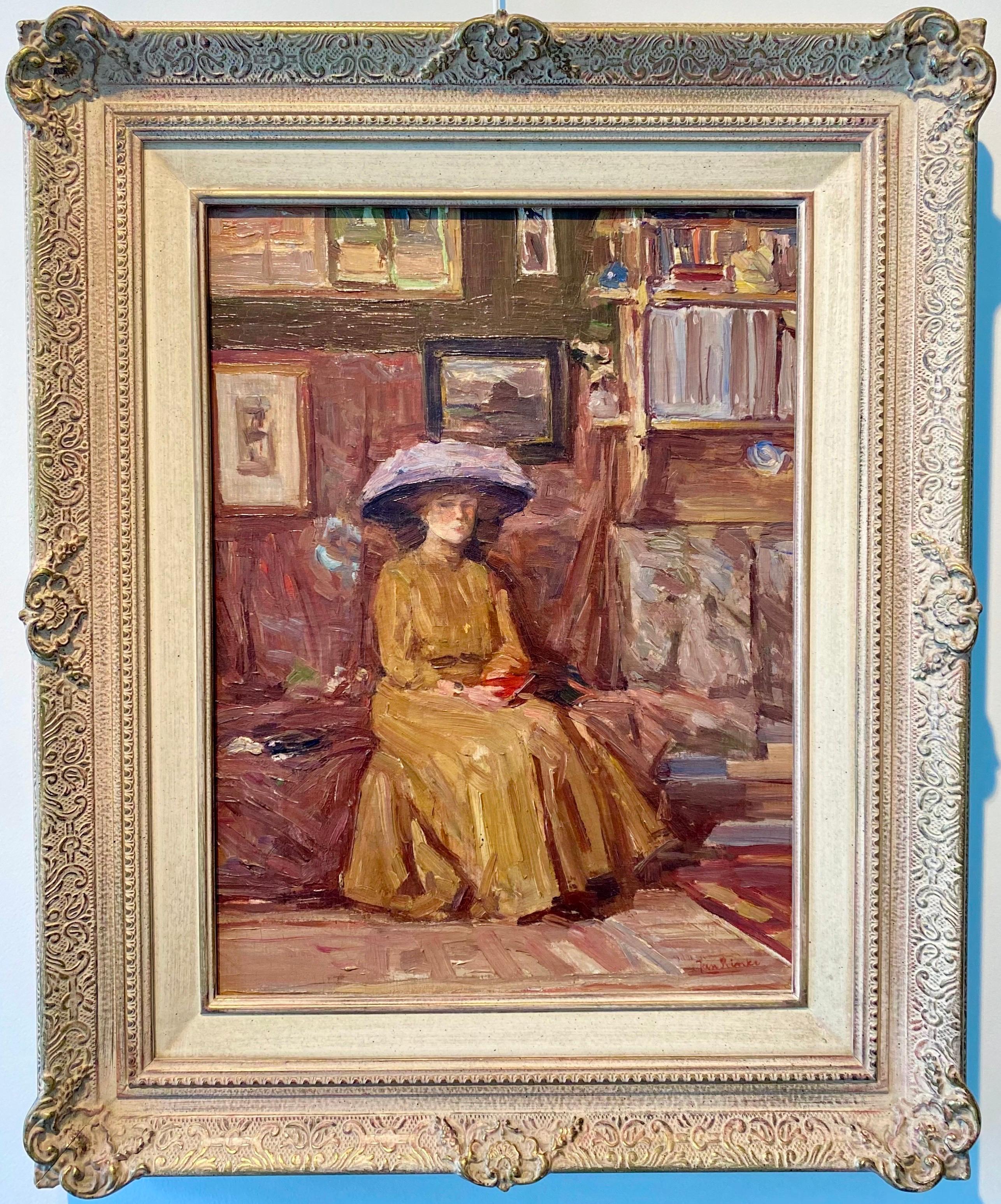Jan Rinke Interior Painting - 19th century belle epoque oil painting - Lady in an artist's studio - genre
