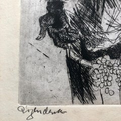 Dutch Fantastic Modern Etching, Jan Mensinga Old Master Style Wine Maker, Grapes
