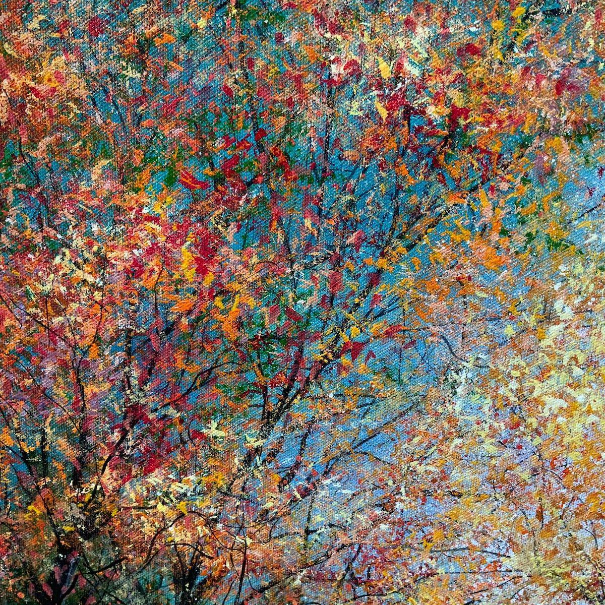 Autumn Blaze Fairy Glen par Jan Rogers, paysage contemporain, art forestier - Gris Abstract Painting par Jan Rogers 