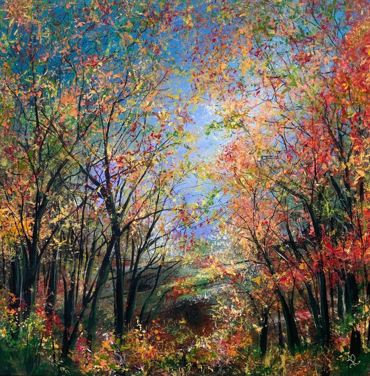Abstract Painting Jan Rogers  - Autumn Blaze Fairy Glen par Jan Rogers, paysage contemporain, art forestier