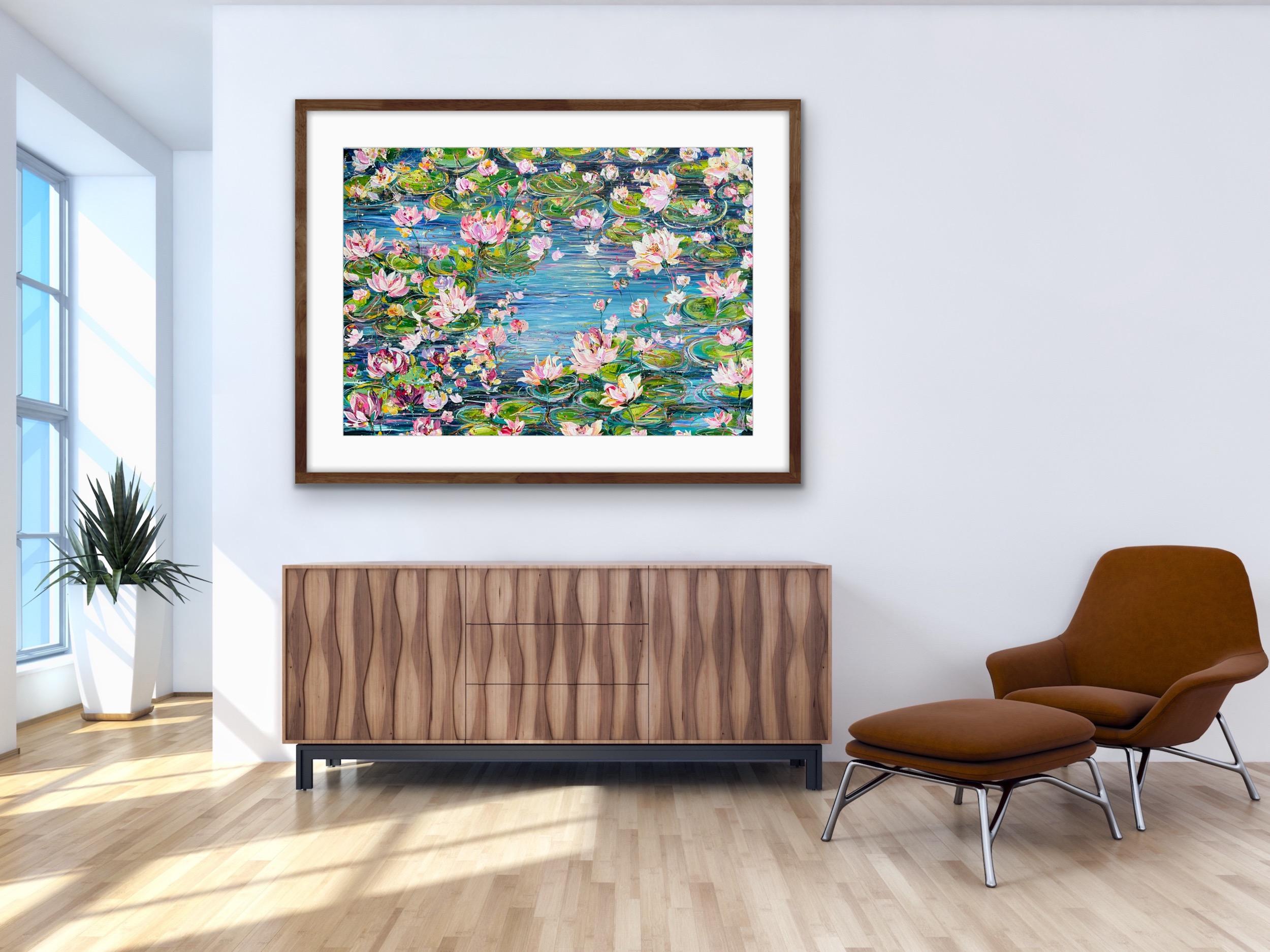 Abstract Water Lillies, original painting, landscape, contemporary - Contemporary Painting by Jan Rogers