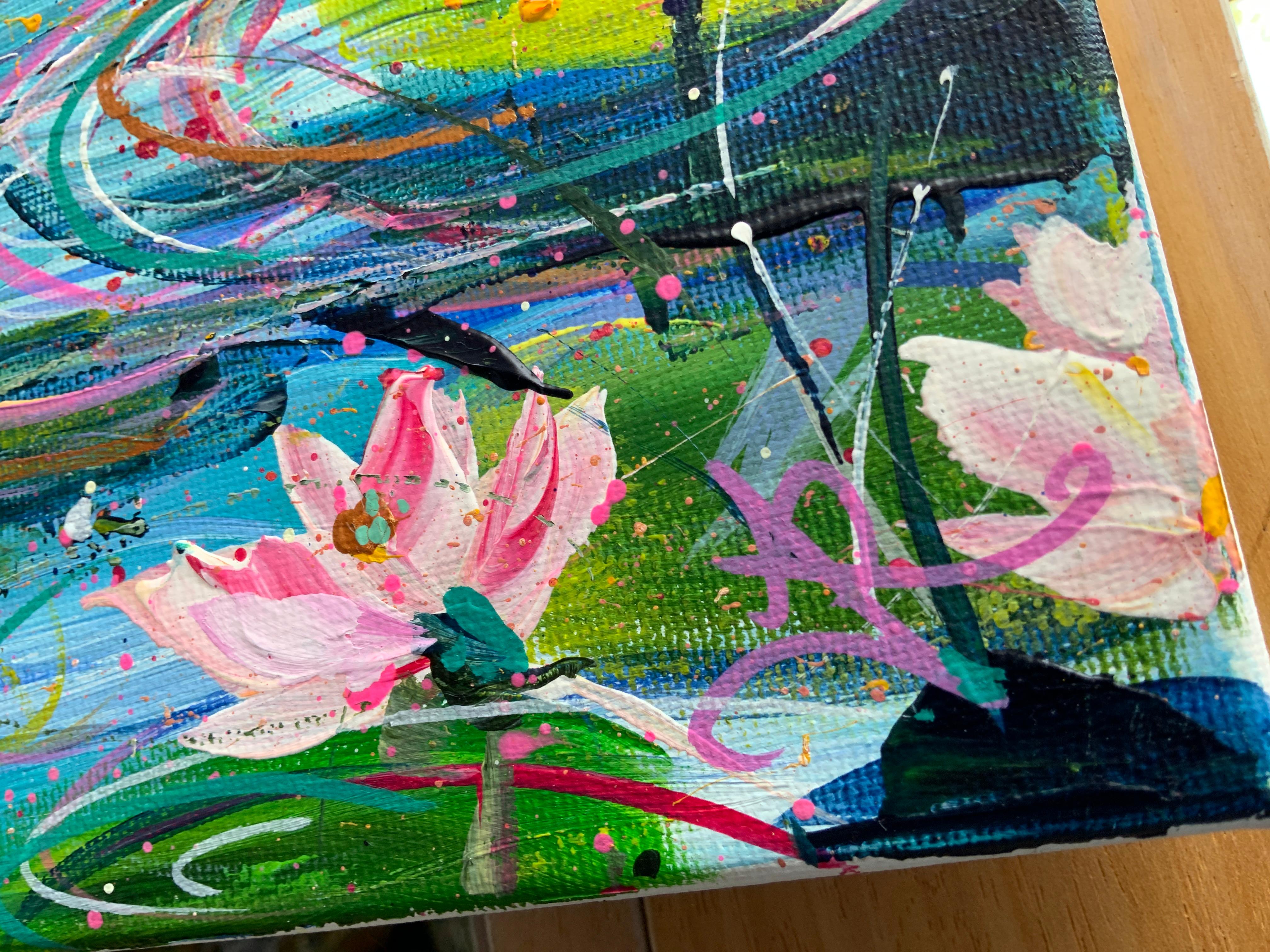 A second vibrant Monet inspired abstract expressive and energetic painting. Revisiting the old master and analysing the marks, colour and detail in his paintings. This is my take on the subject with my love of texture, pattern and joyful colour