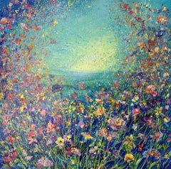 Meadow bleu, Jan Rogers, peinture de paysage florale originale, abordable