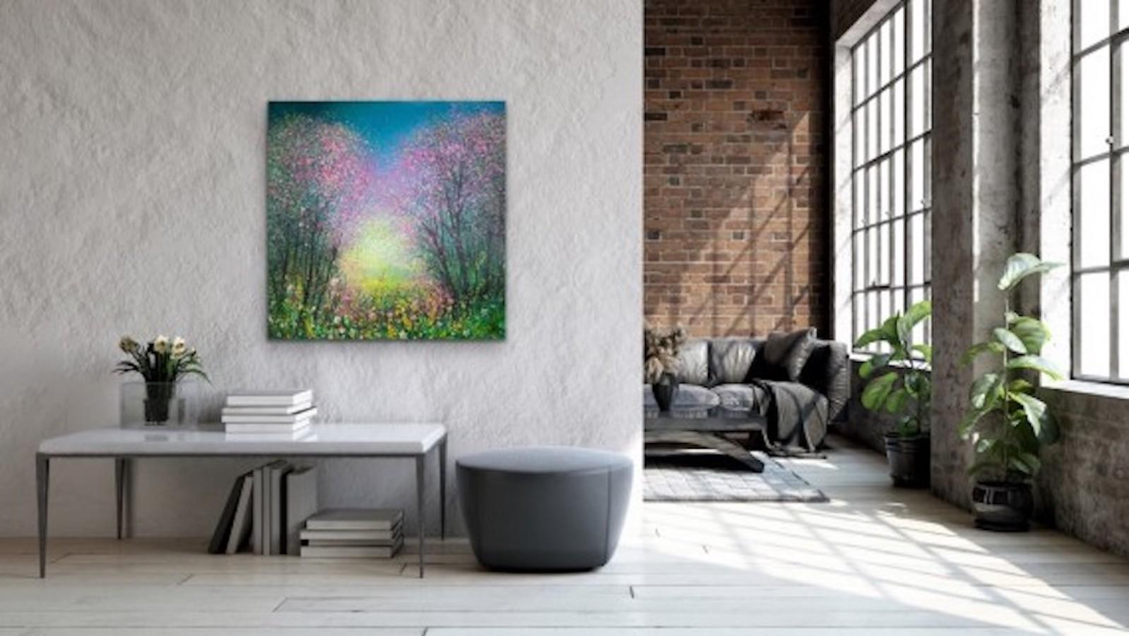 La fleur de cerisier et la fleur de printemps, peinture originale, paysage, art coloré - Gris Landscape Painting par Jan Rogers