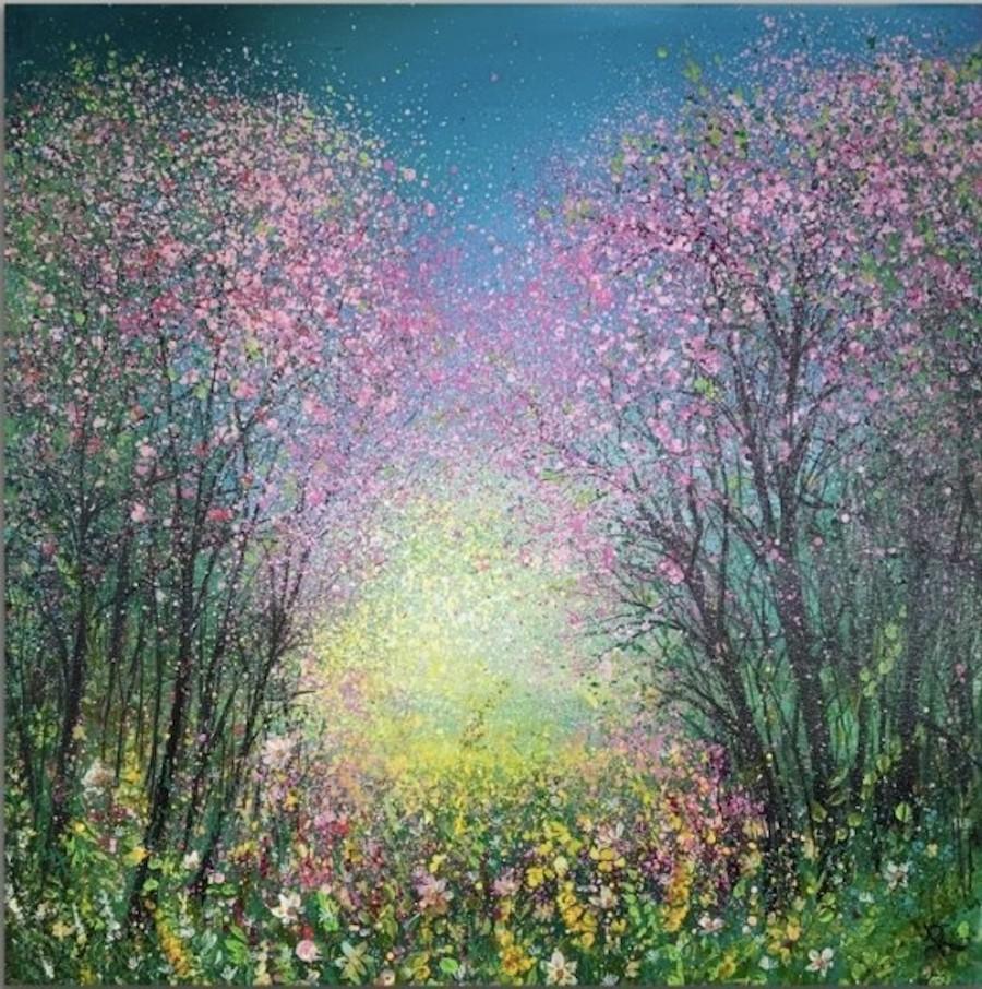 Landscape Painting Jan Rogers - La fleur de cerisier et la fleur de printemps, peinture originale, paysage, art coloré